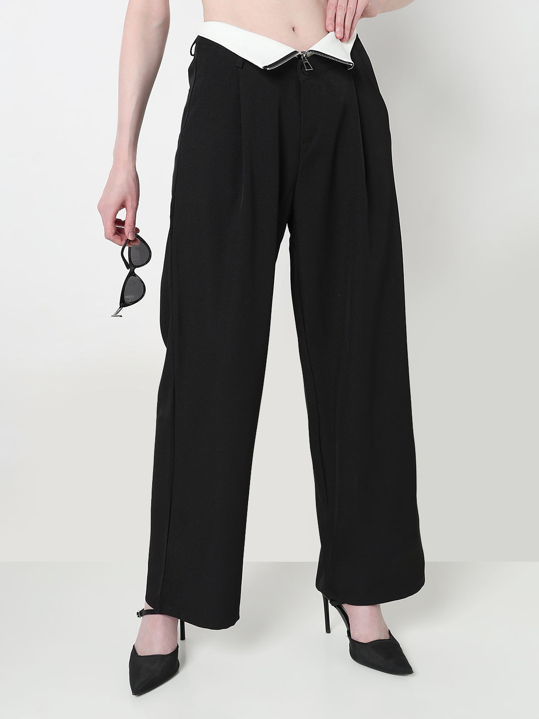 Women's Black Pleated Korean Pants with Inverted Contrast Button Waistband