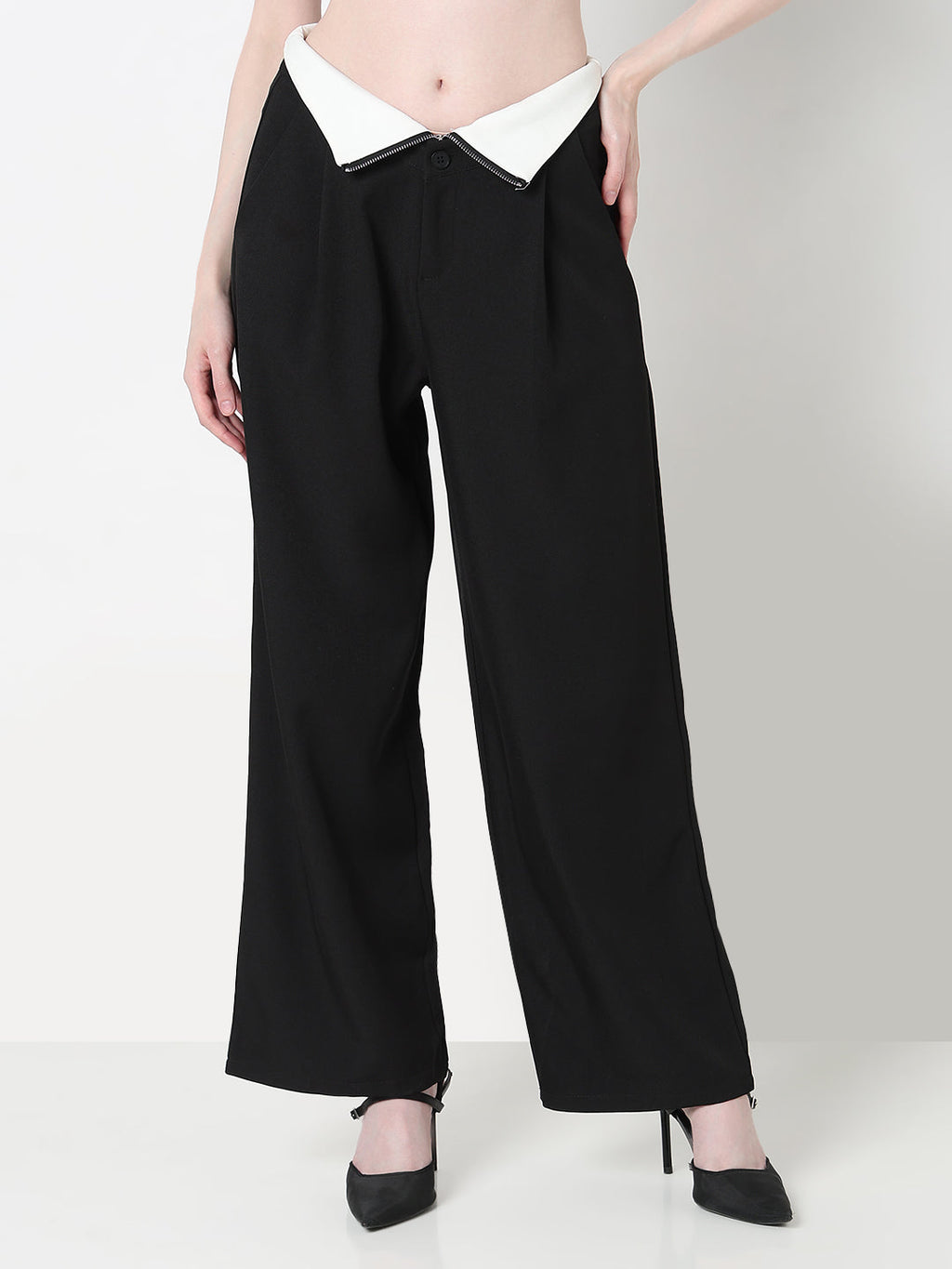 Women's Black Pleated Korean Pants with Inverted Contrast Button Waistband