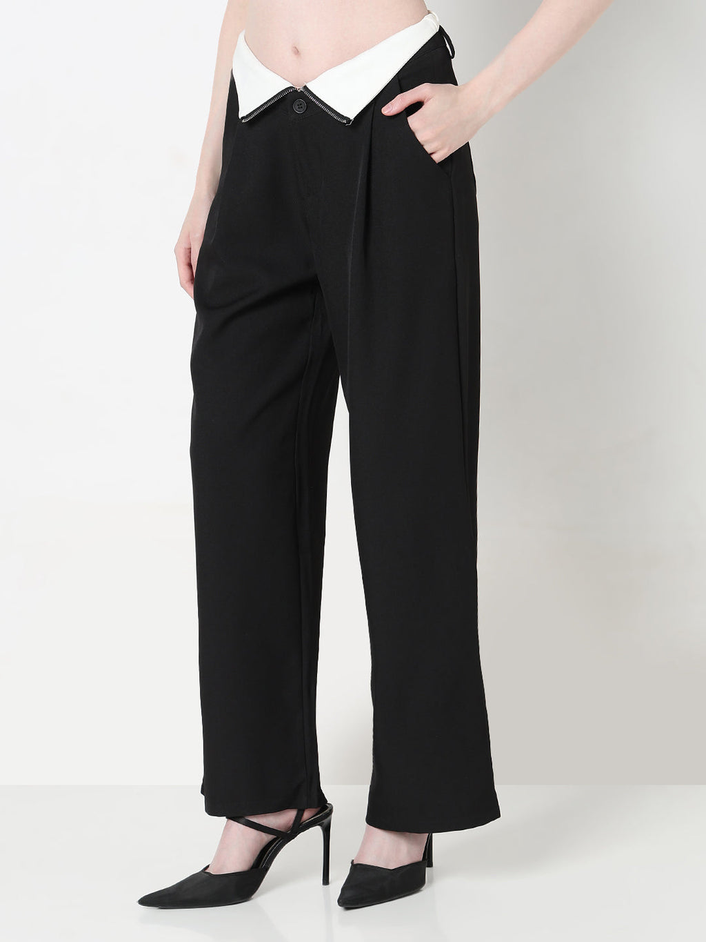 Women's Black Pleated Korean Pants with Inverted Contrast Button Waistband