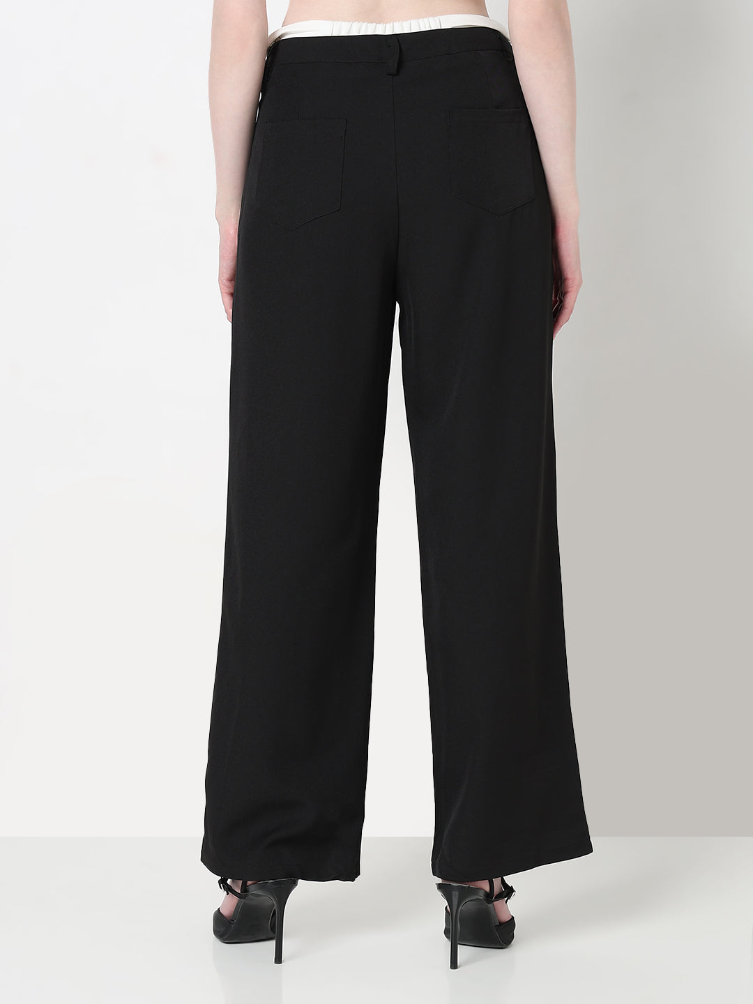 Women's Black Pleated Korean Pants with Inverted Contrast Button Waistband