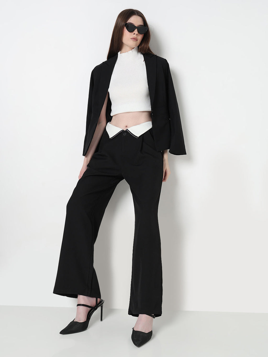 Women's Black Pleated Korean Pants with Inverted Contrast Button Waistband