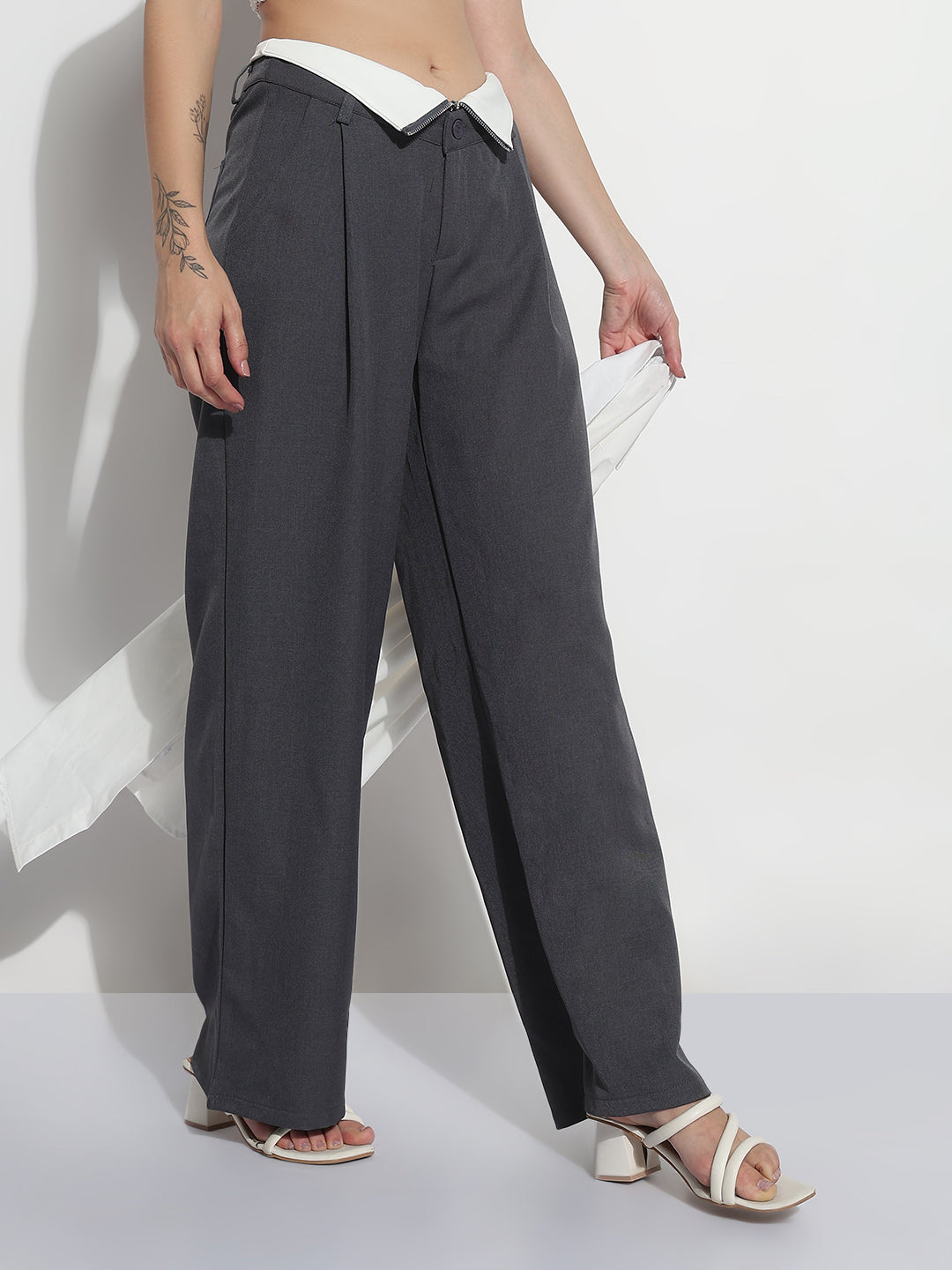 Women's Grey Pleated Korean Pants with Inverted Contrast Button Waistband