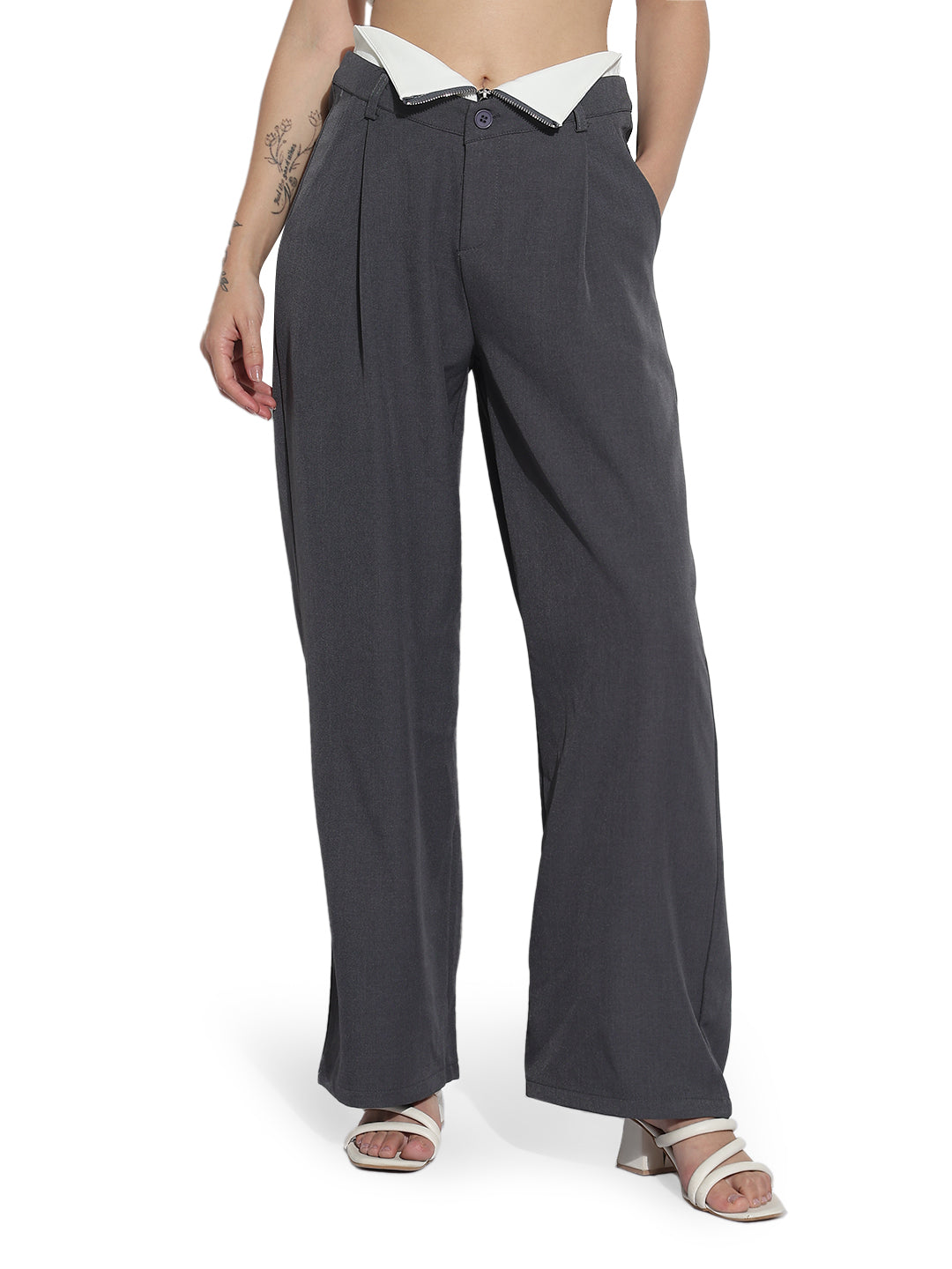Women's Grey Pleated Korean Pants with Inverted Contrast Button Waistband