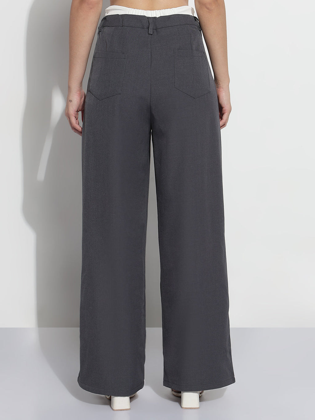 Women's Grey Pleated Korean Pants with Inverted Contrast Button Waistband