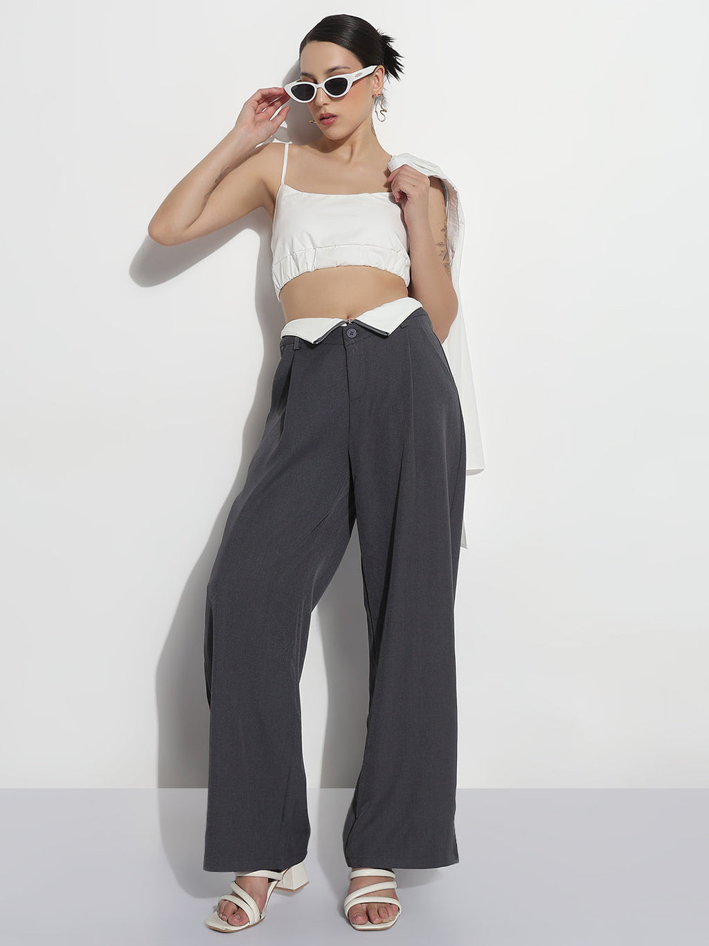 Women's Grey Pleated Korean Pants with Inverted Contrast Button Waistband