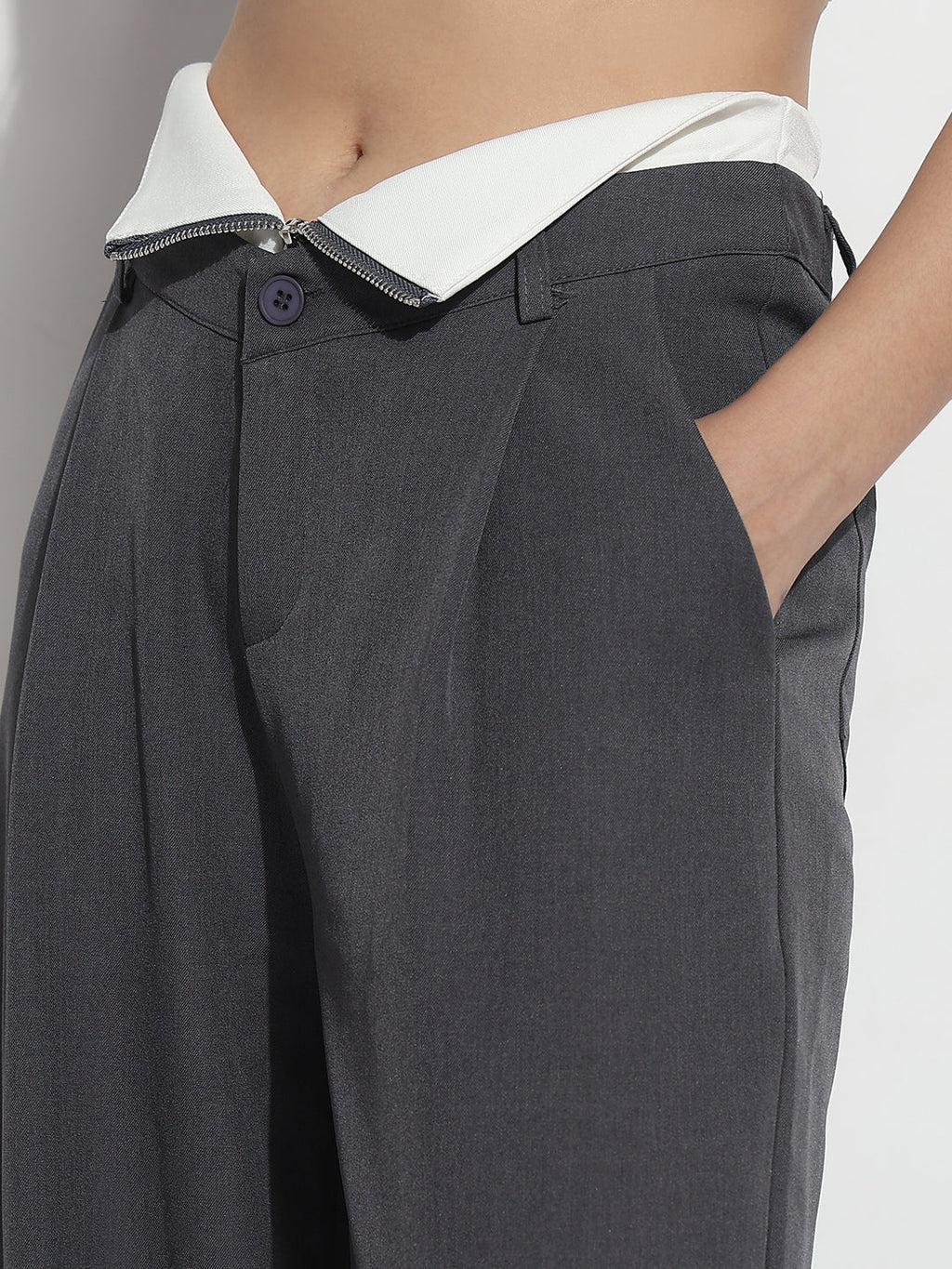 Women's Grey Pleated Korean Pants with Inverted Contrast Button Waistband