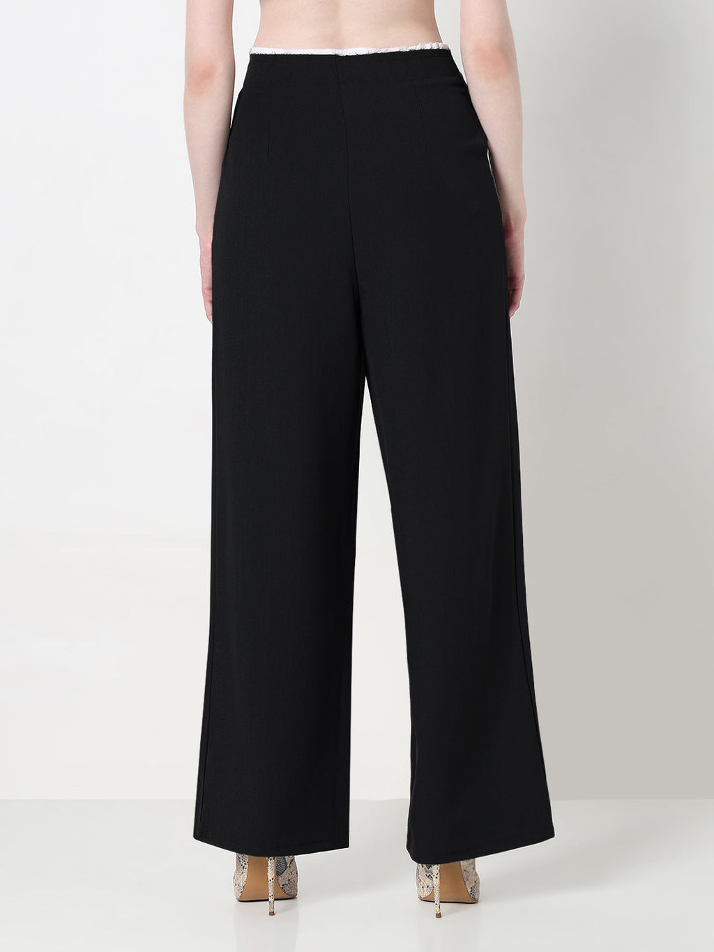 Women's Black Pleated Trousers with Contrast Waistband Detail