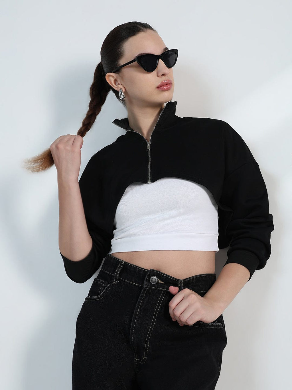 Women's Black Zip up Cropped Sweatshirt with Tank Top