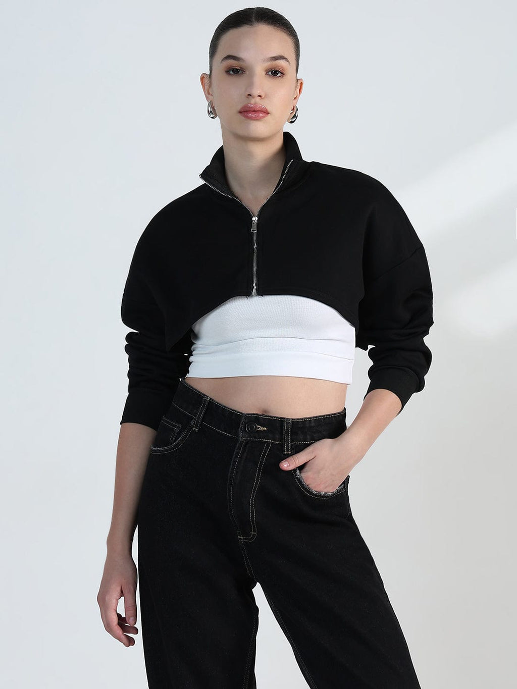 Women's Black Zip up Cropped Sweatshirt with Tank Top
