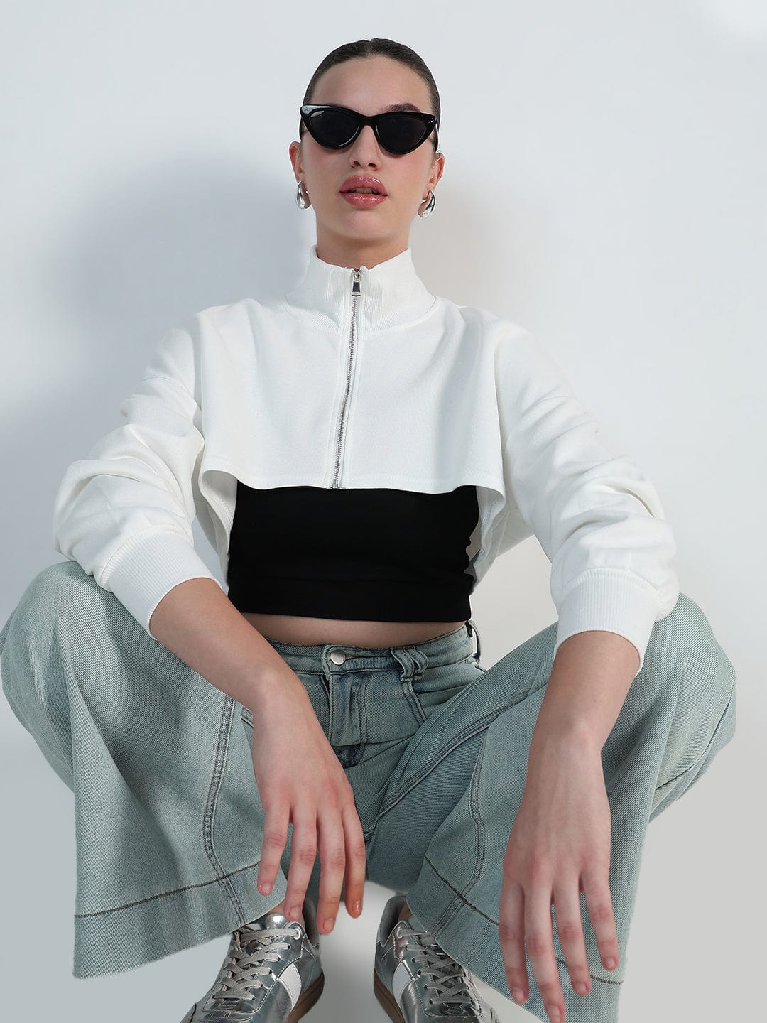 Women's White Zip up Cropped Sweatshirt with Tank Top