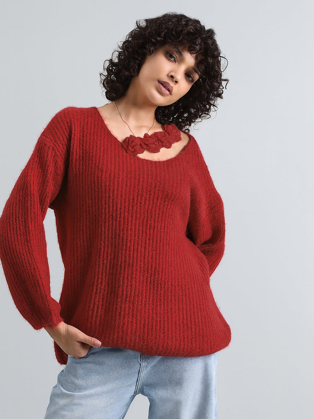 Women's Red Ribbed Sweater Top with Flower Detail