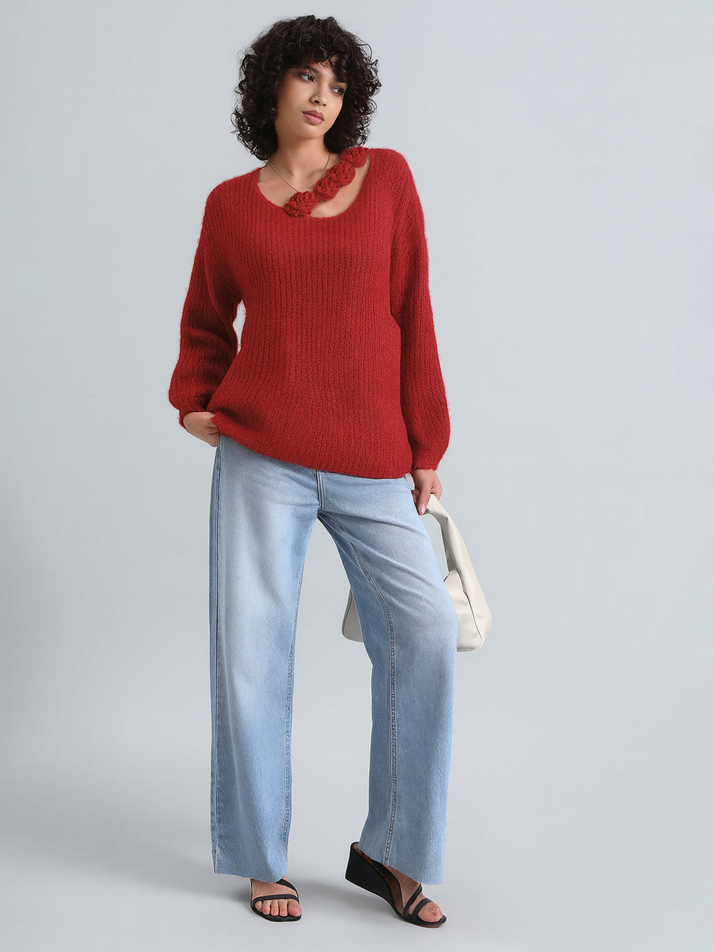 Women's Red Ribbed Sweater Top with Flower Detail
