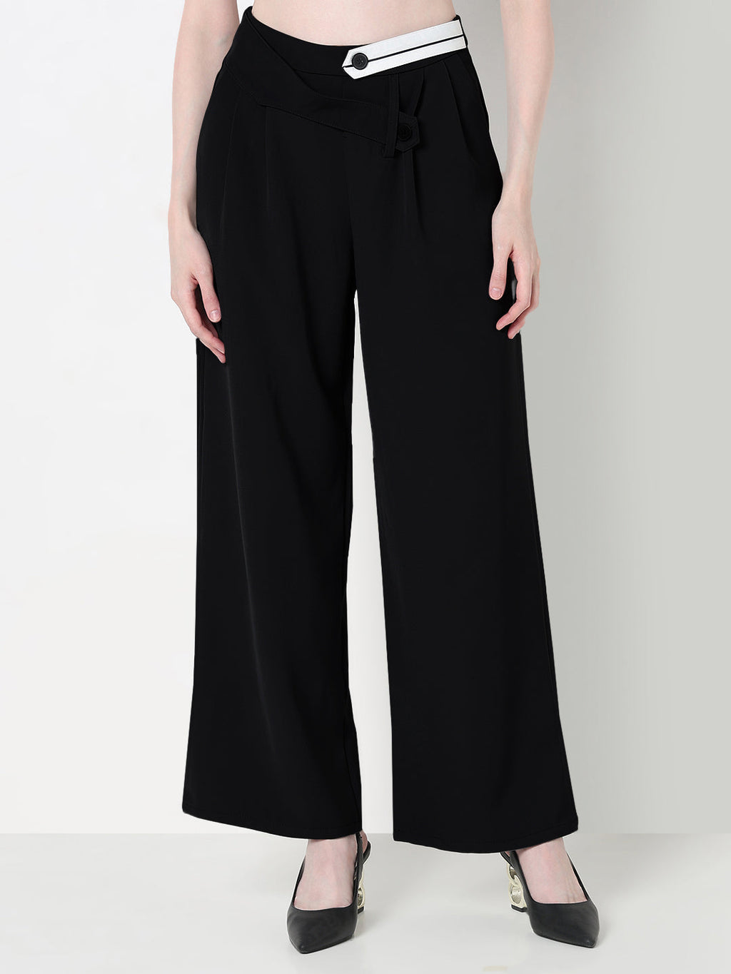 Women's Black Pleated Trousers with Contrast Button Waistband