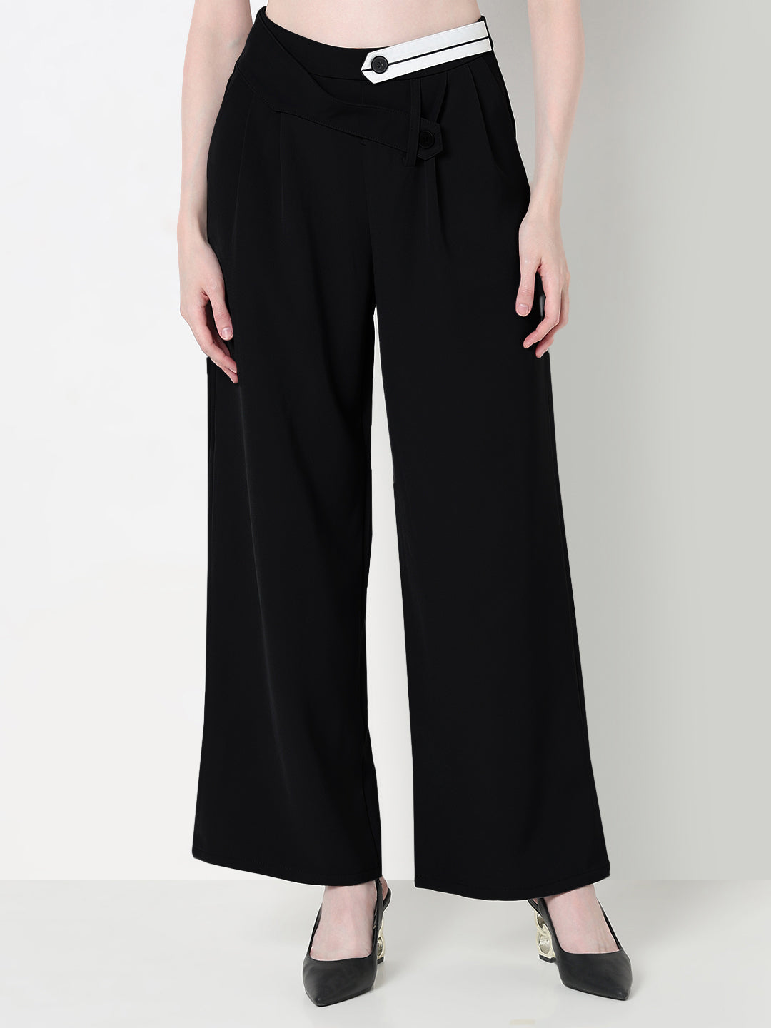 Women's Black Pleated Trousers with Contrast Button Waistband