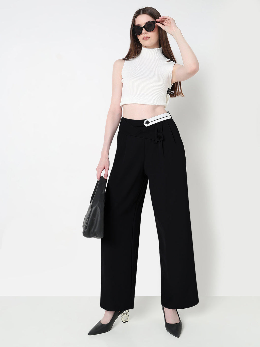Women's Black Pleated Trousers with Contrast Button Waistband