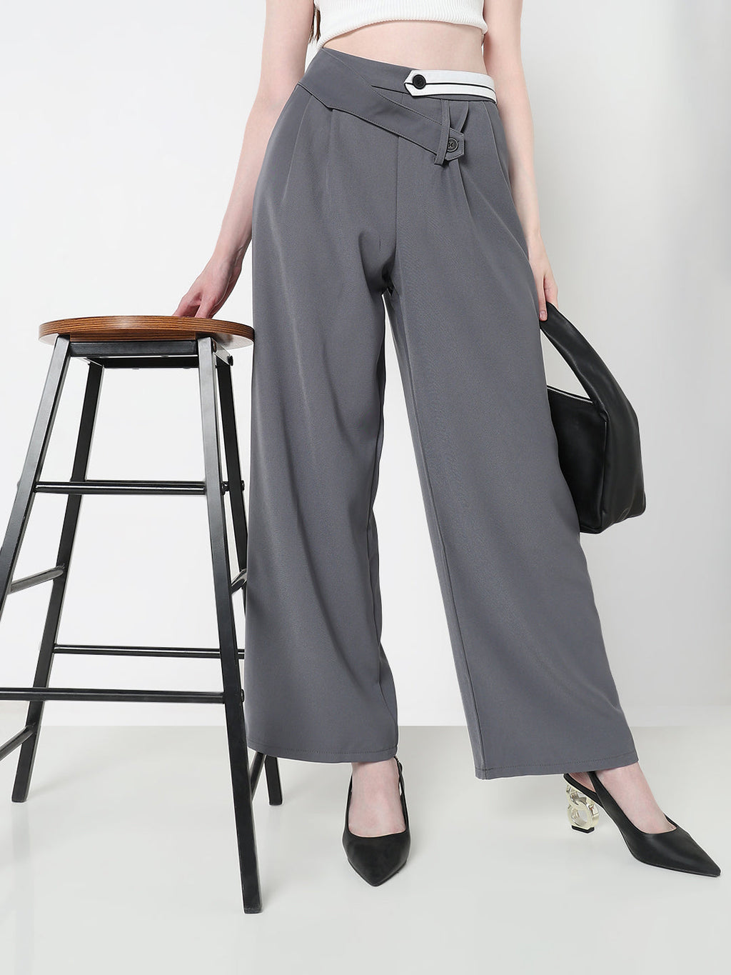 Women's Grey Pleated Trousers with Contrast Button Waistband