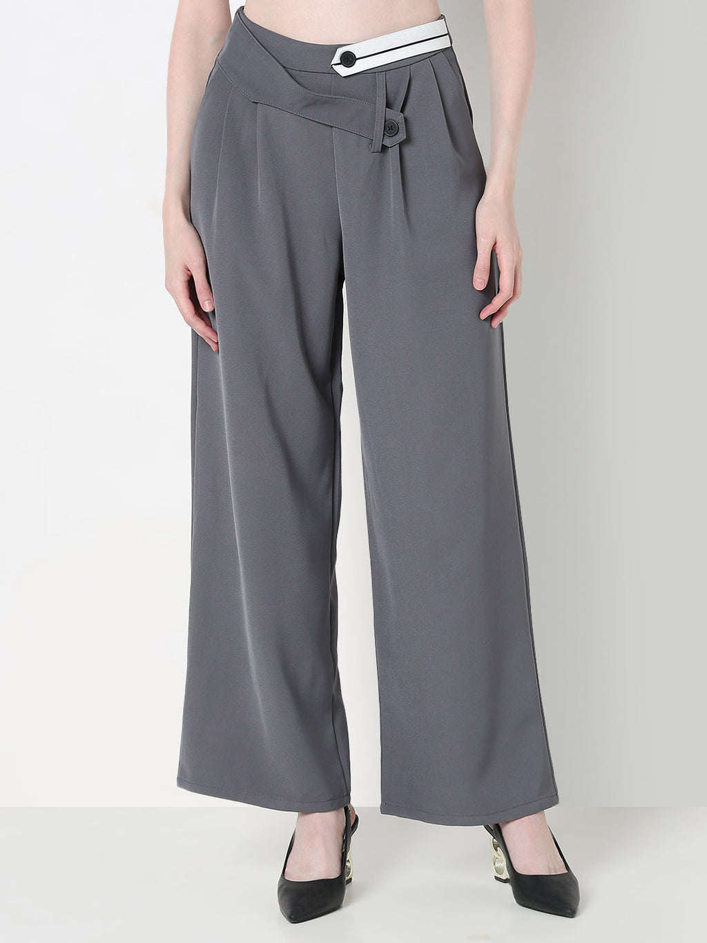Women's Grey Pleated Trousers with Contrast Button Waistband