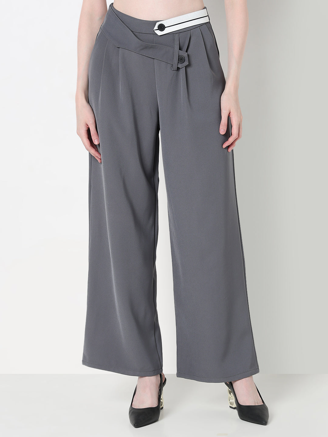 Women's Grey Pleated Trousers with Contrast Button Waistband