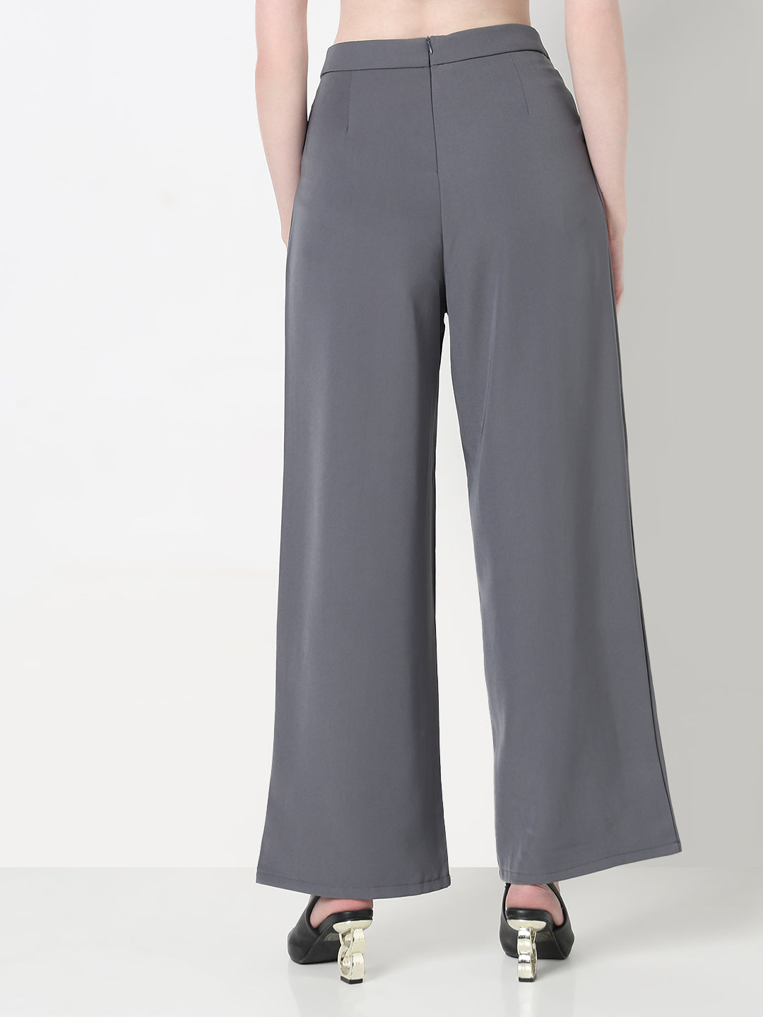 Women's Grey Pleated Trousers with Contrast Button Waistband