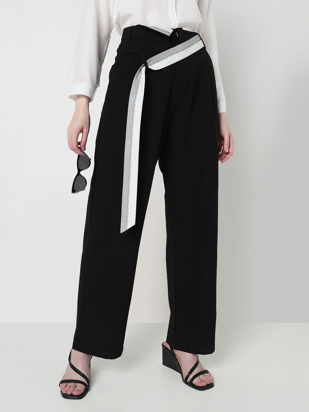 Women's Black Pleated Korean Trousers with Contrast Belt Detail