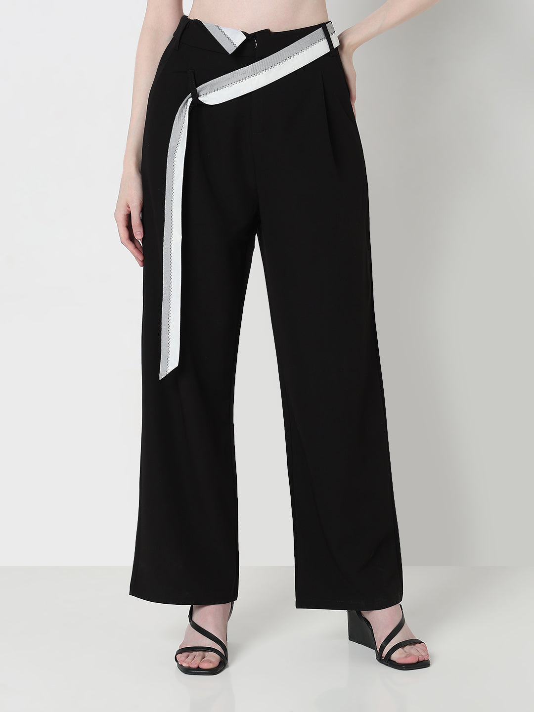 Women's Black Pleated Korean Trousers with Contrast Belt Detail