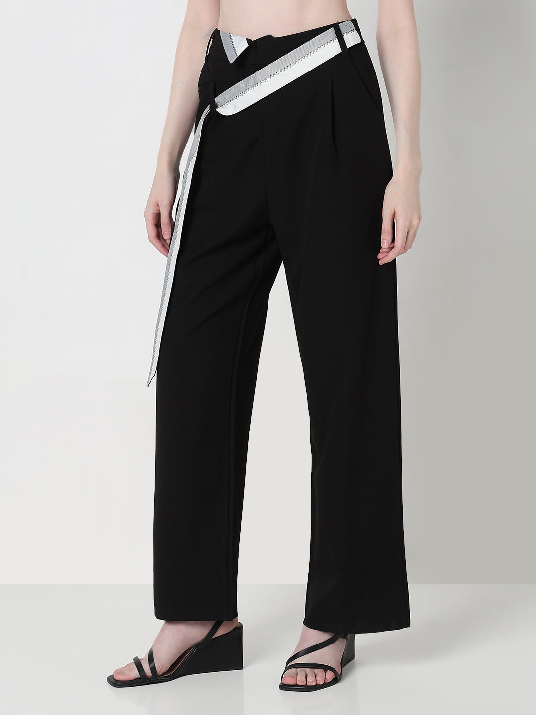 Women's Black Pleated Korean Trousers with Contrast Belt Detail