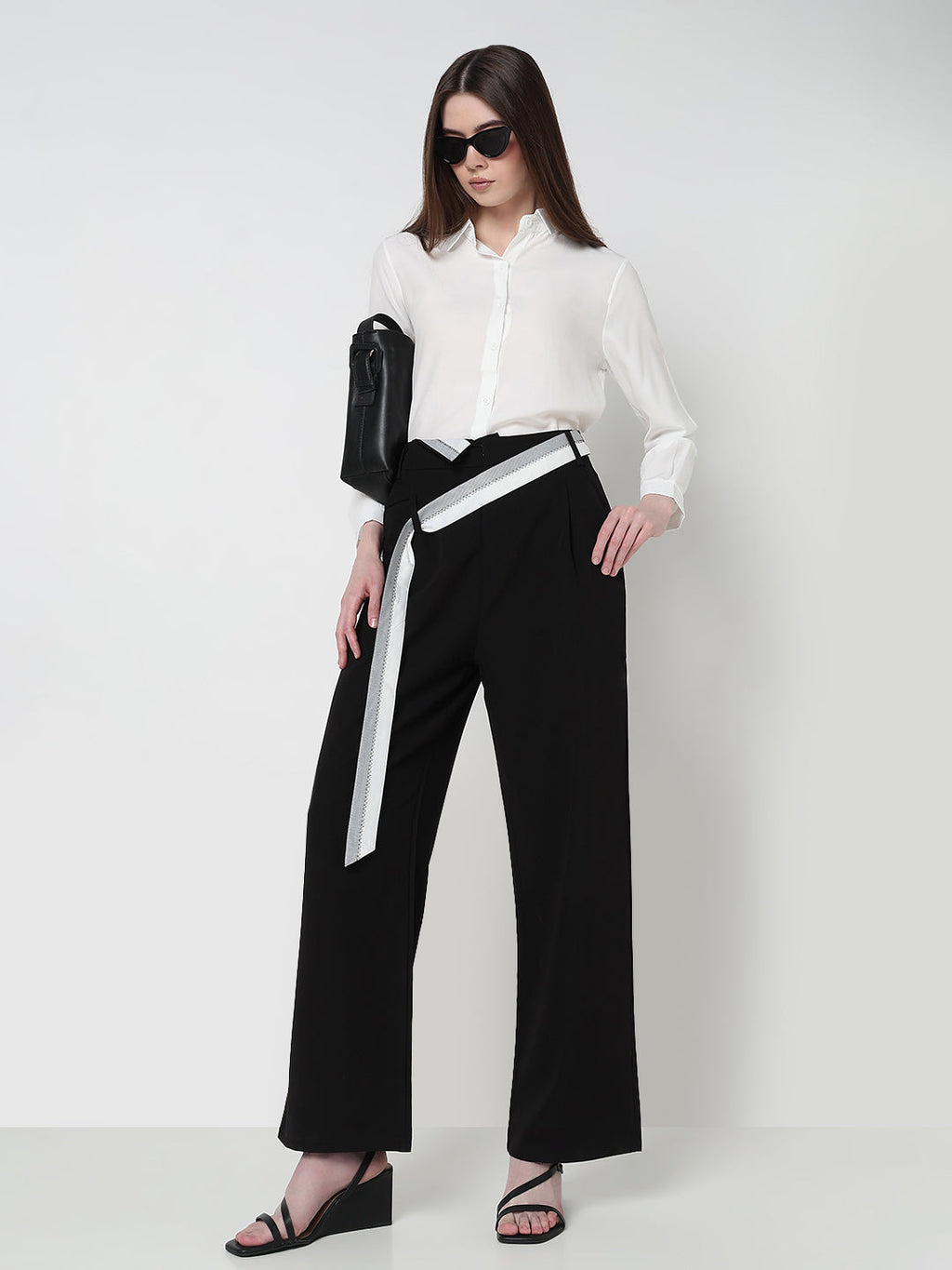 Women's Black Pleated Korean Trousers with Contrast Belt Detail
