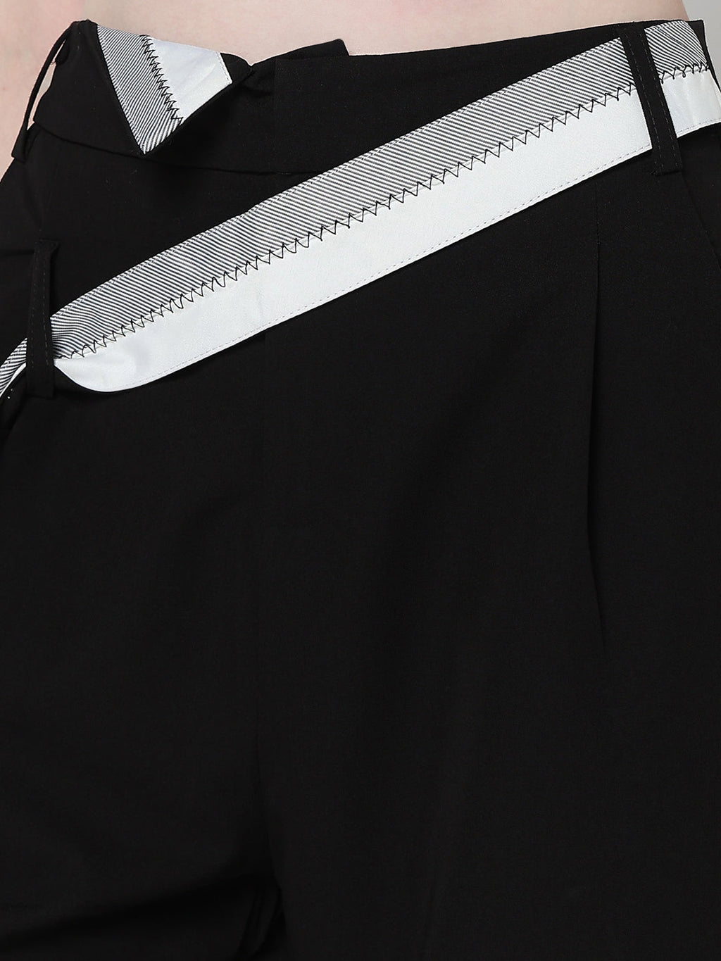 Women's Black Pleated Korean Trousers with Contrast Belt Detail
