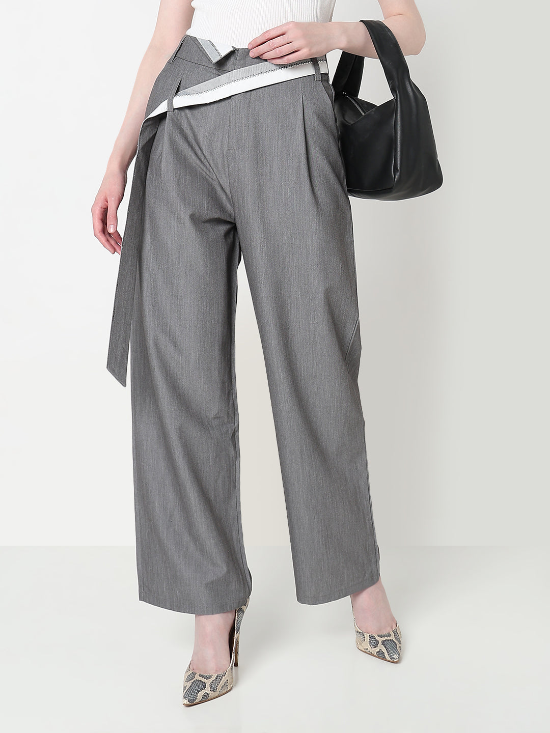Women's Grey Pleated Korean Trousers with Contrast Belt Detail