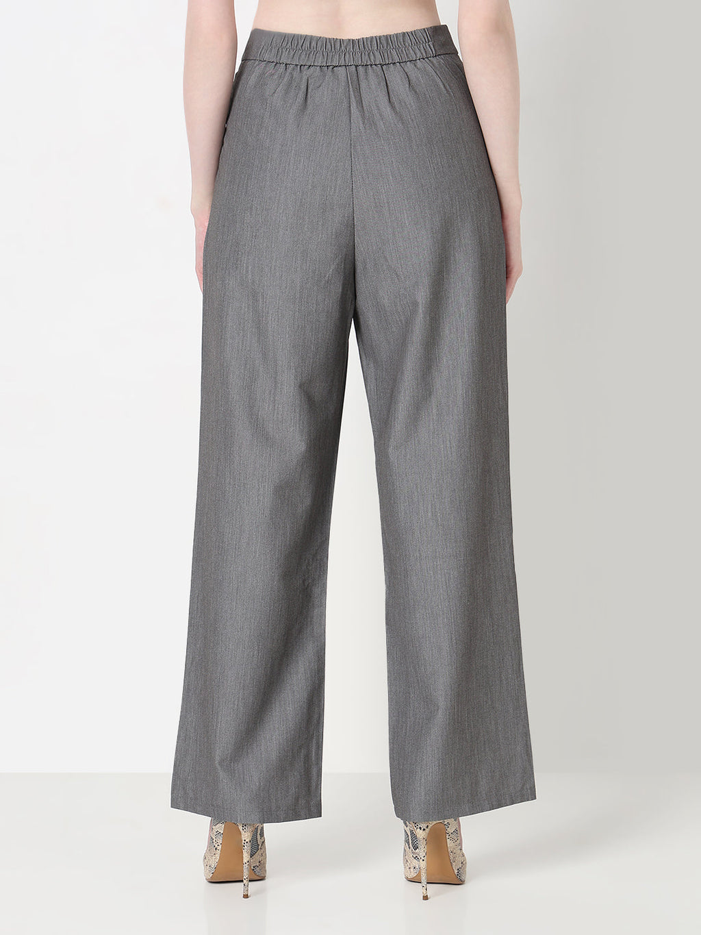 Women's Grey Pleated Korean Trousers with Contrast Belt Detail