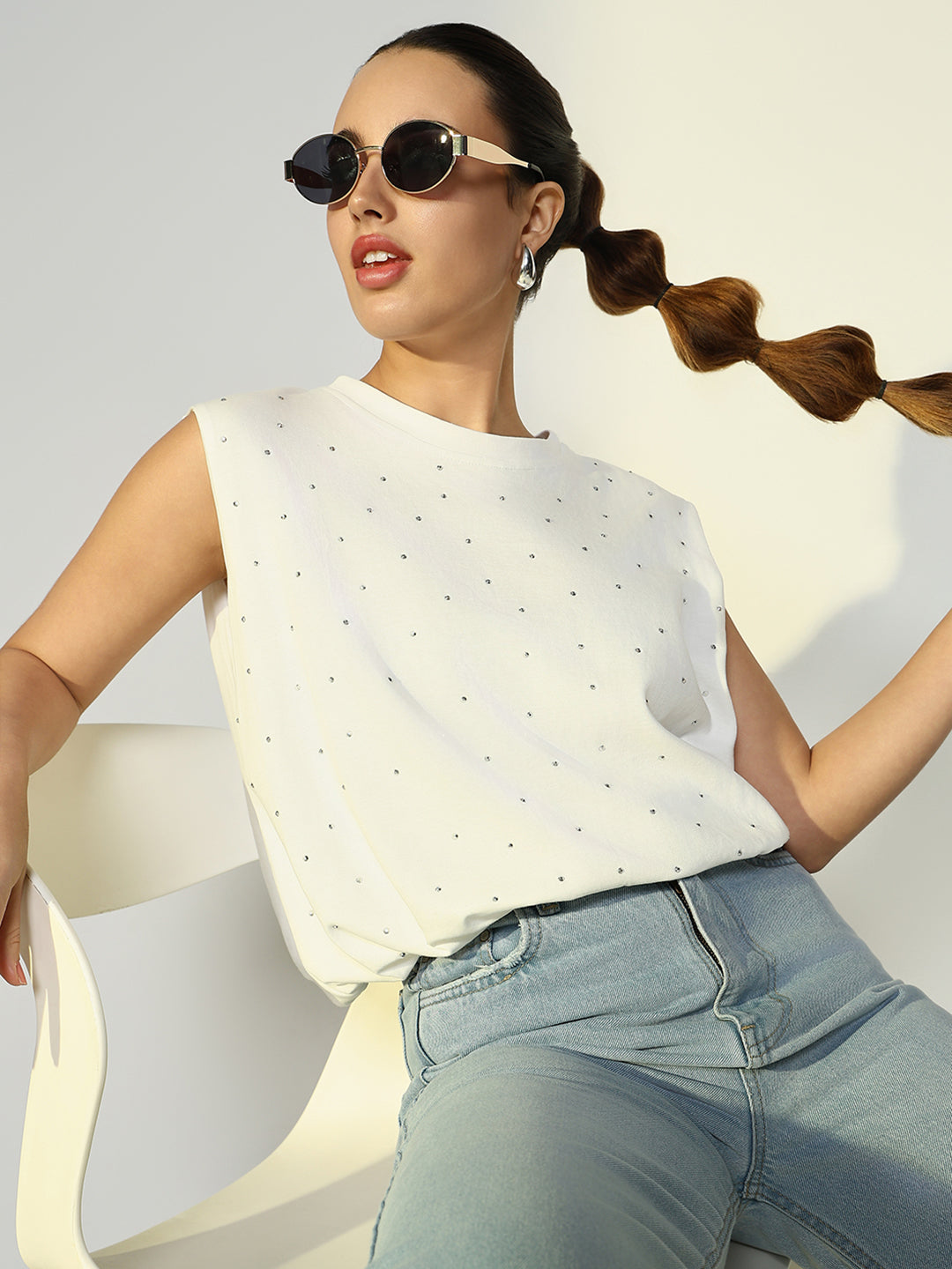 Women's Embellished White Boxy Fit Top