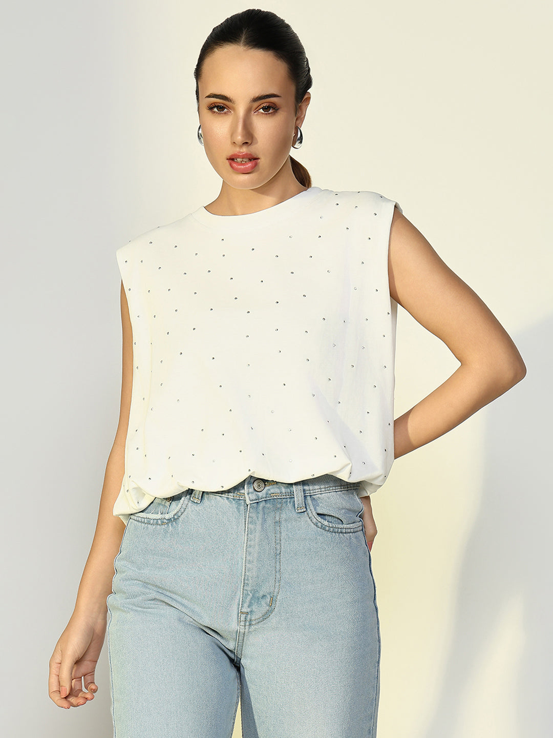 Women's Embellished White Boxy Fit Top