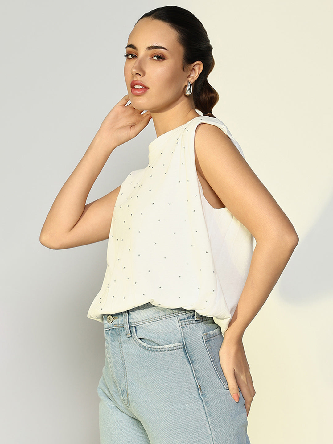 Women's Embellished White Boxy Fit Top