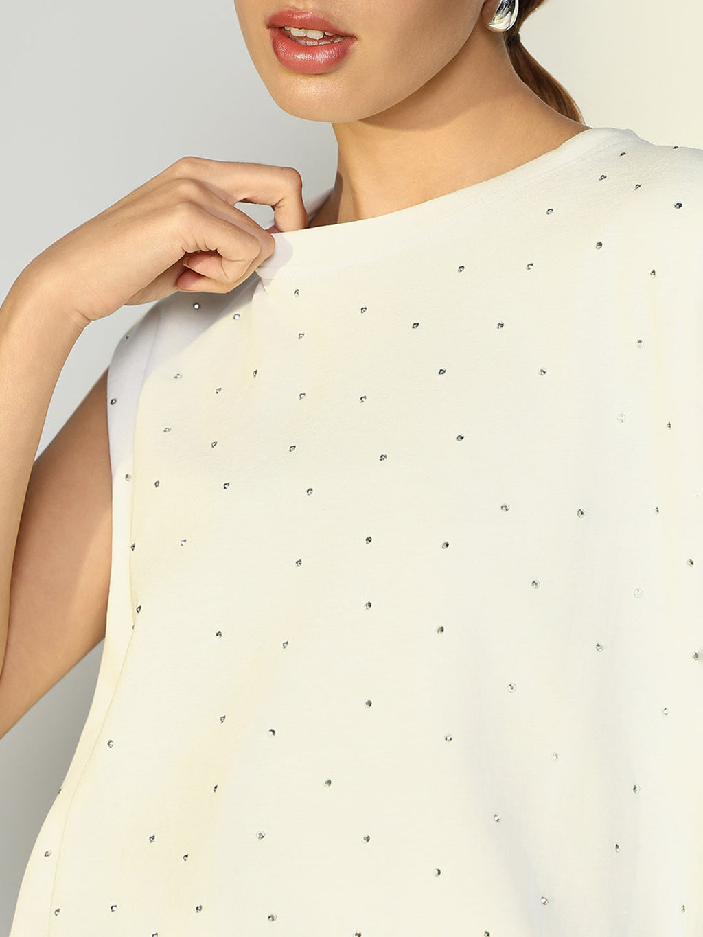 Women's Embellished White Boxy Fit Top