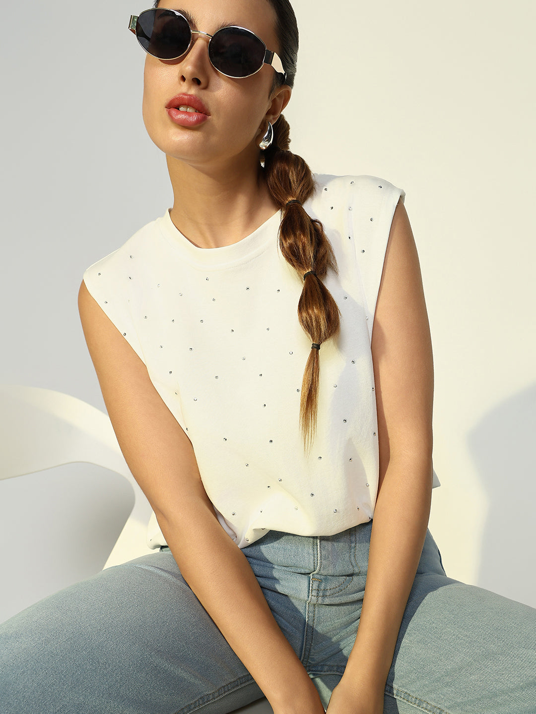 Women's Embellished White Boxy Fit Top