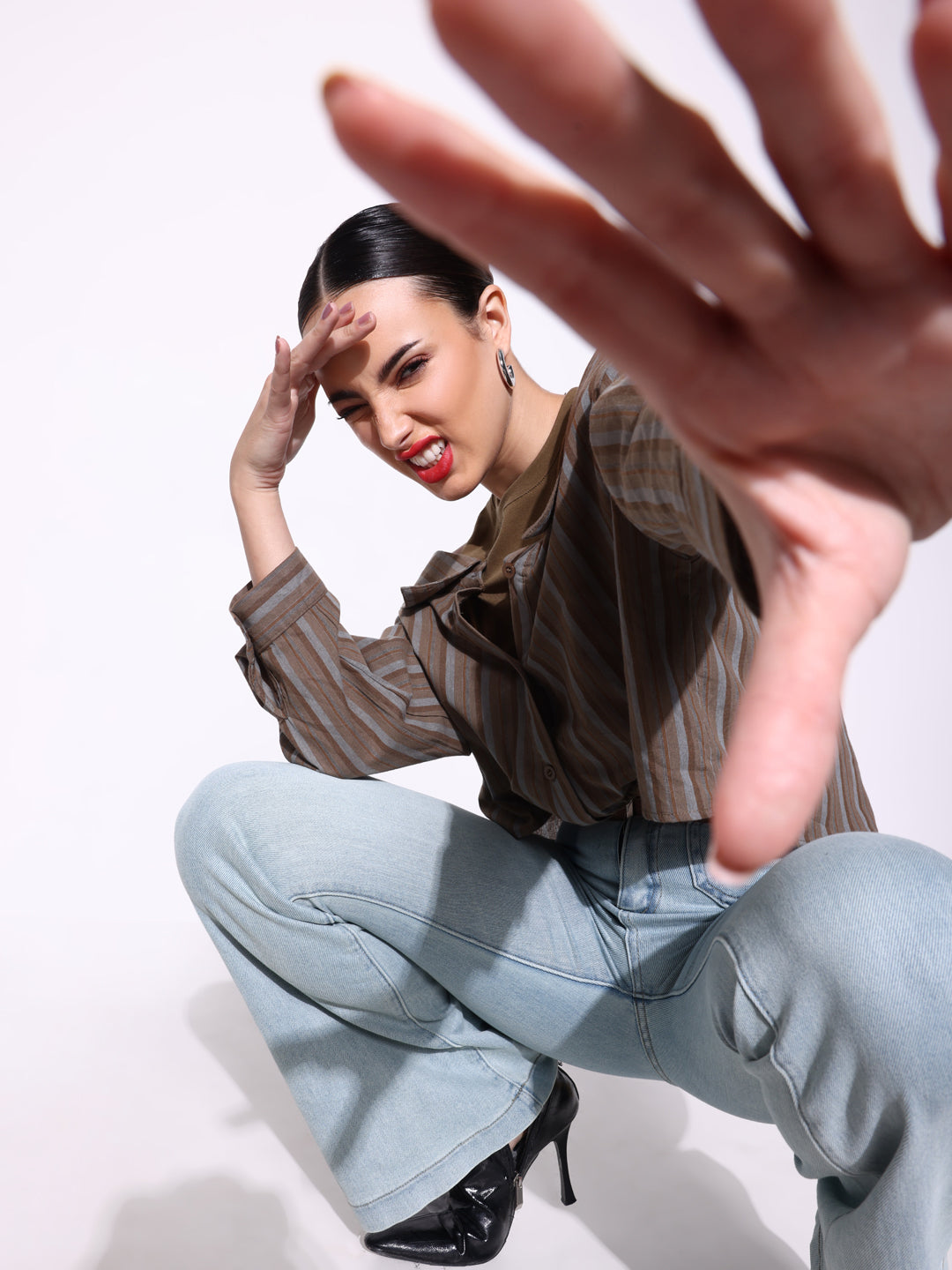 Women's Olive Shirt Style Cold Shoulder Crop Top