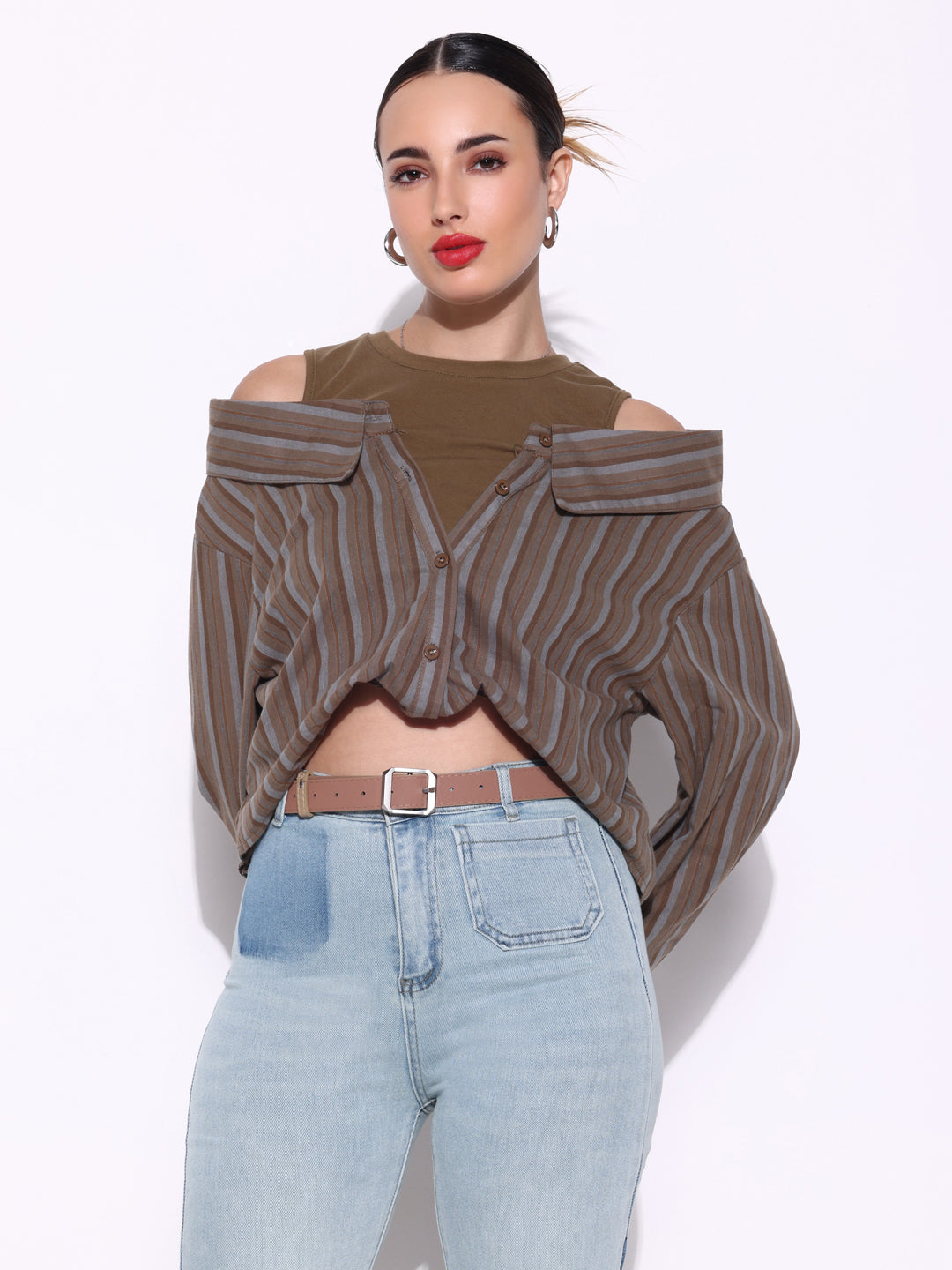Women's Olive Shirt Style Cold Shoulder Crop Top