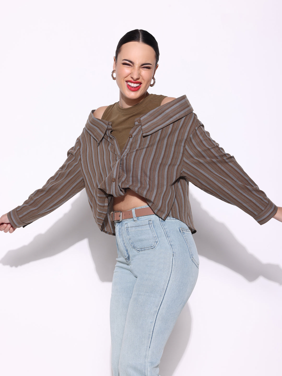 Women's Olive Shirt Style Cold Shoulder Crop Top