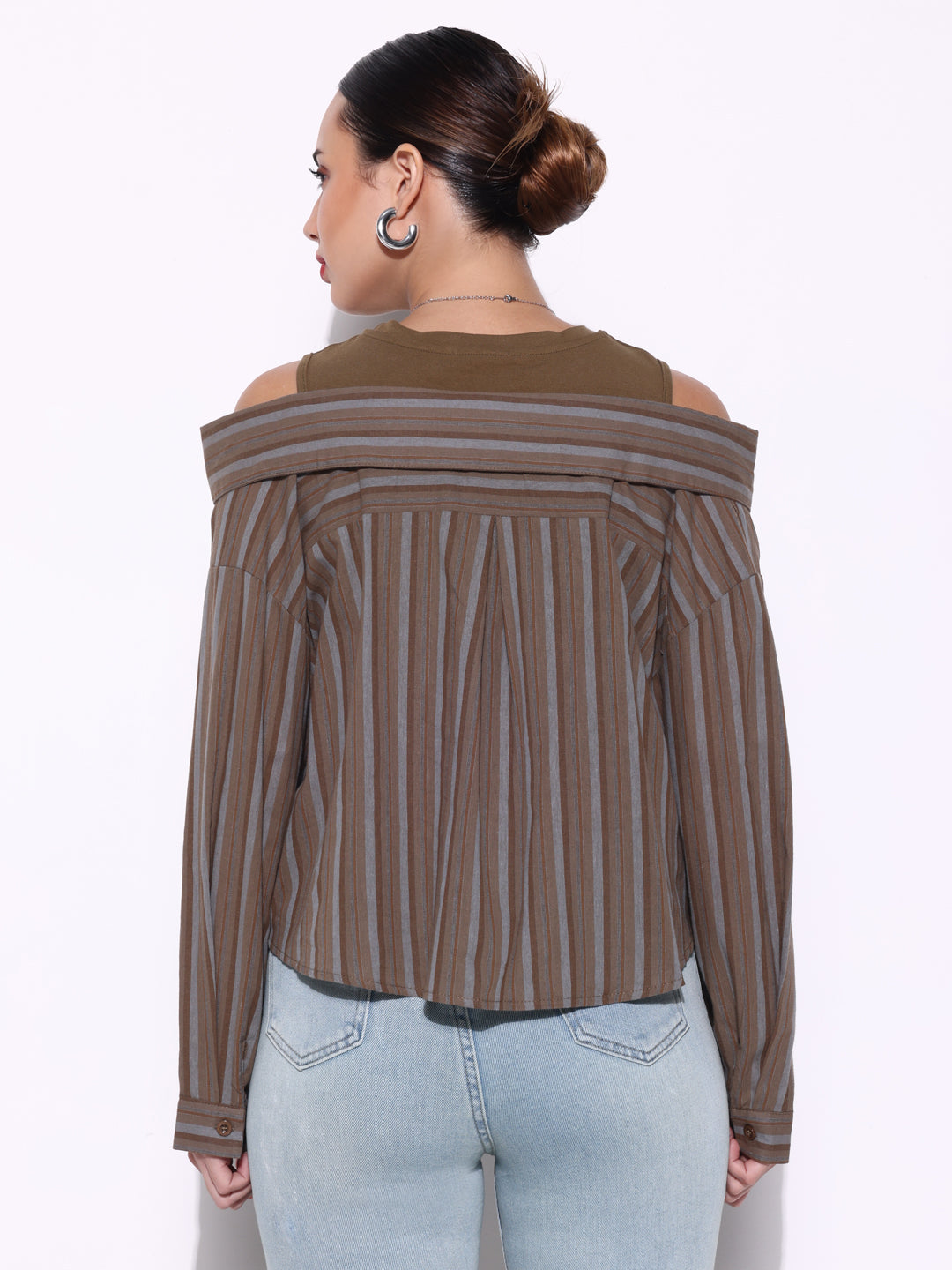 Women's Olive Shirt Style Cold Shoulder Crop Top