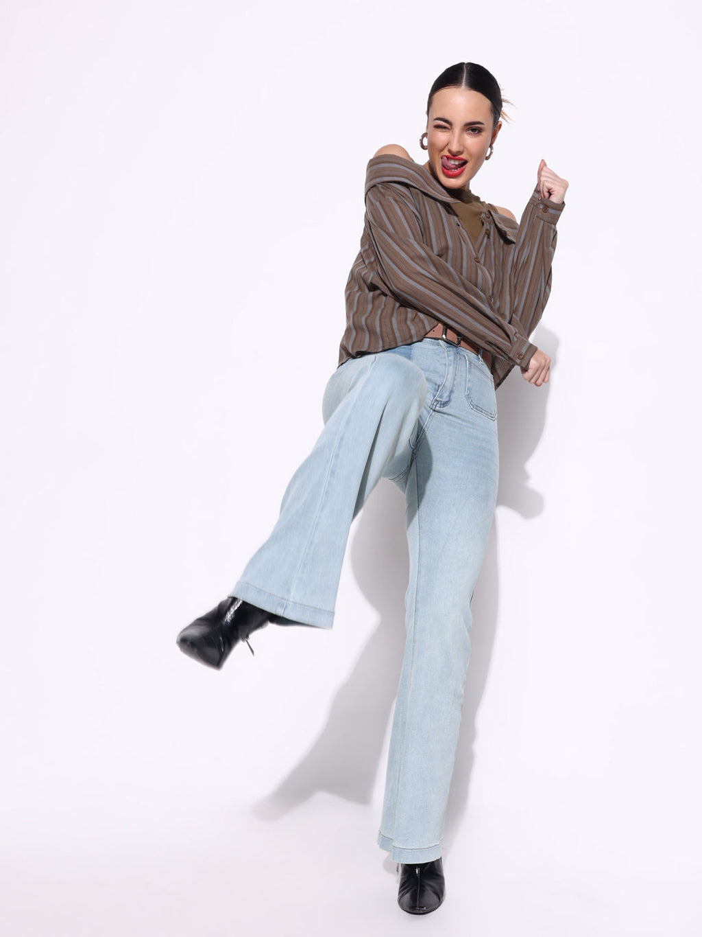 Women's Olive Shirt Style Cold Shoulder Crop Top