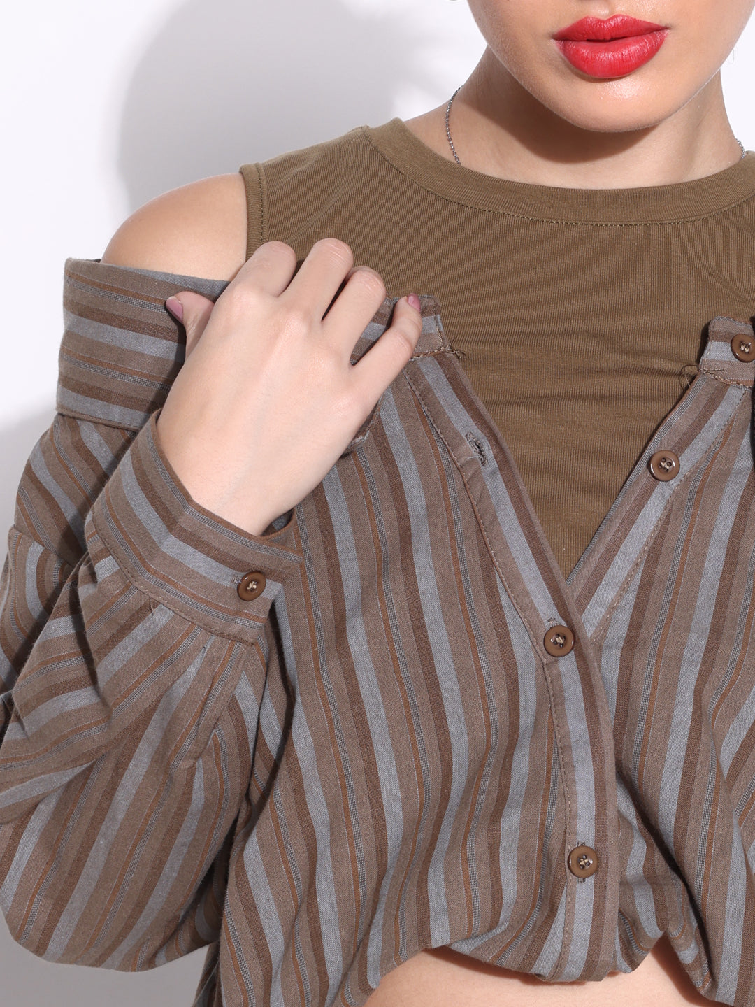 Women's Olive Shirt Style Cold Shoulder Crop Top