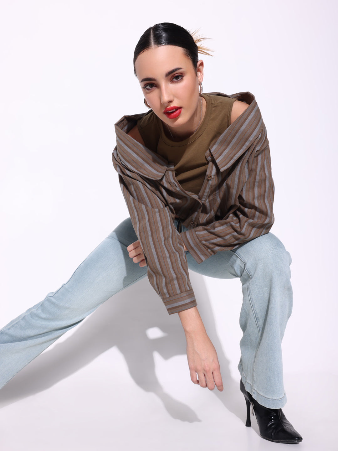 Women's Olive Shirt Style Cold Shoulder Crop Top