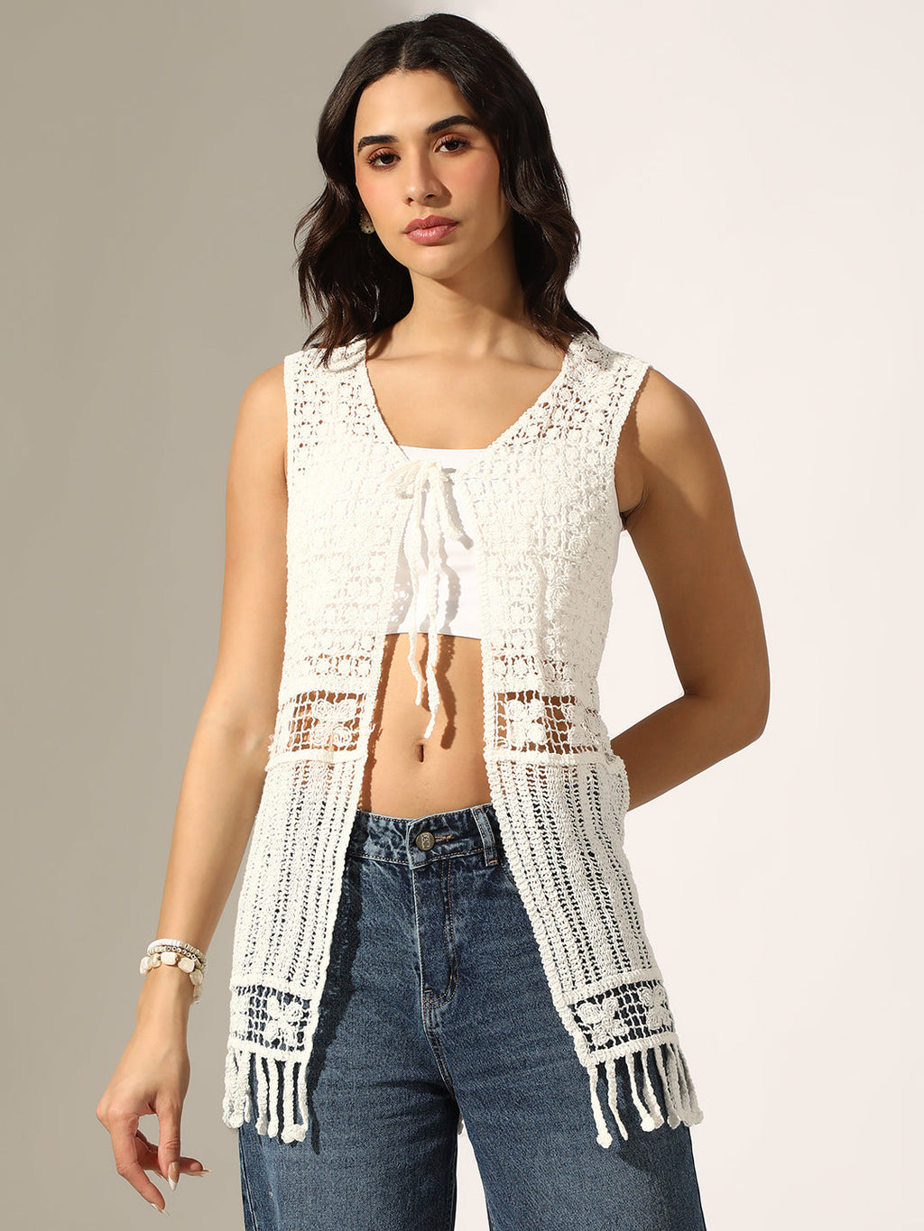Women's White Crochet Sleeveless Open-Front Tie-Up Top