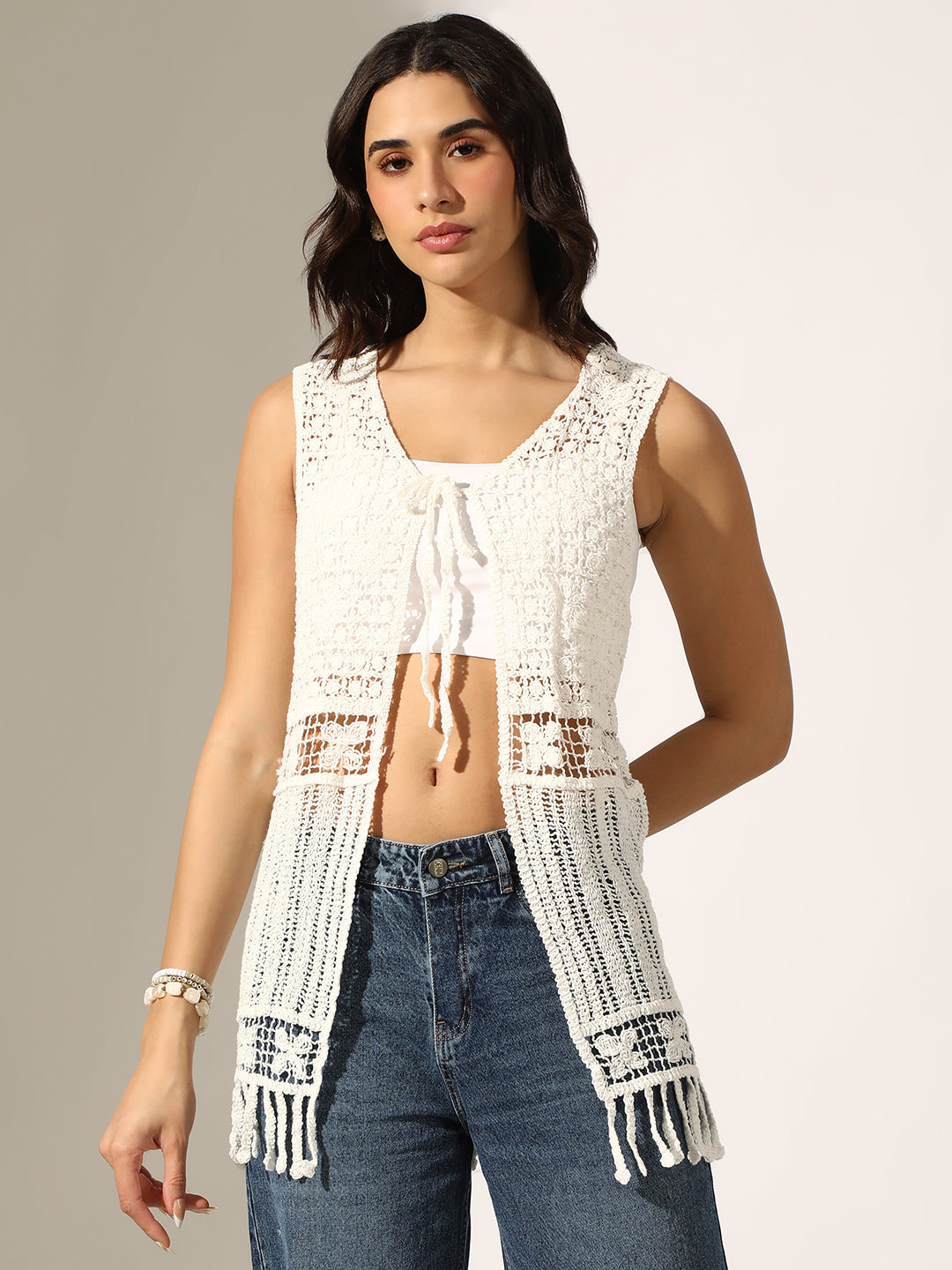 Women's White Crochet Sleeveless Open-Front Tie-Up Top