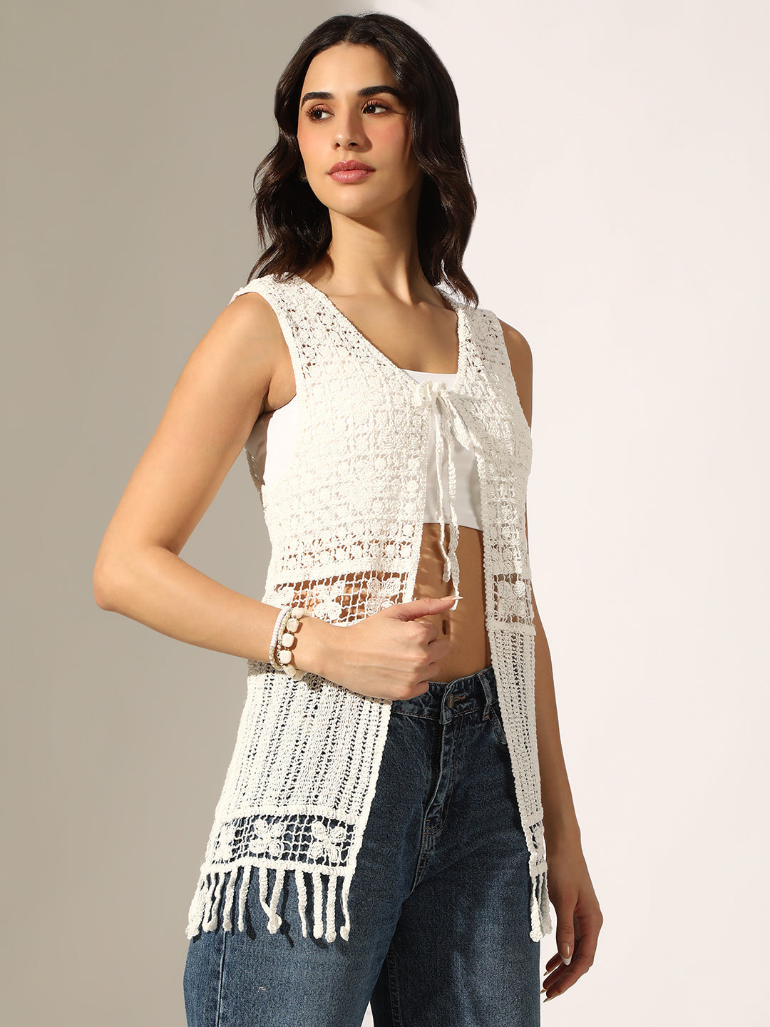 Women's White Crochet Sleeveless Open-Front Tie-Up Top