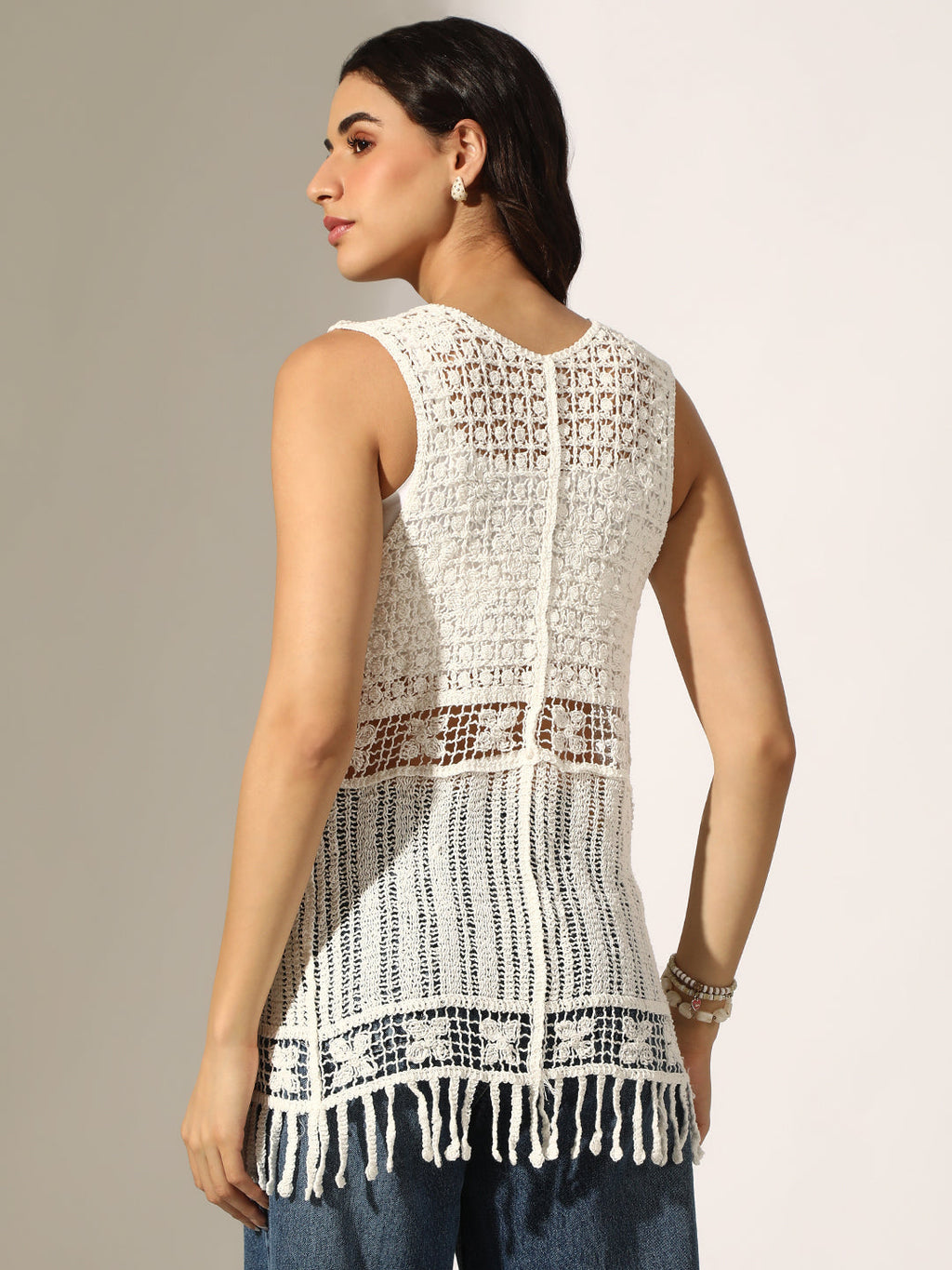 Women's White Crochet Sleeveless Open-Front Tie-Up Top
