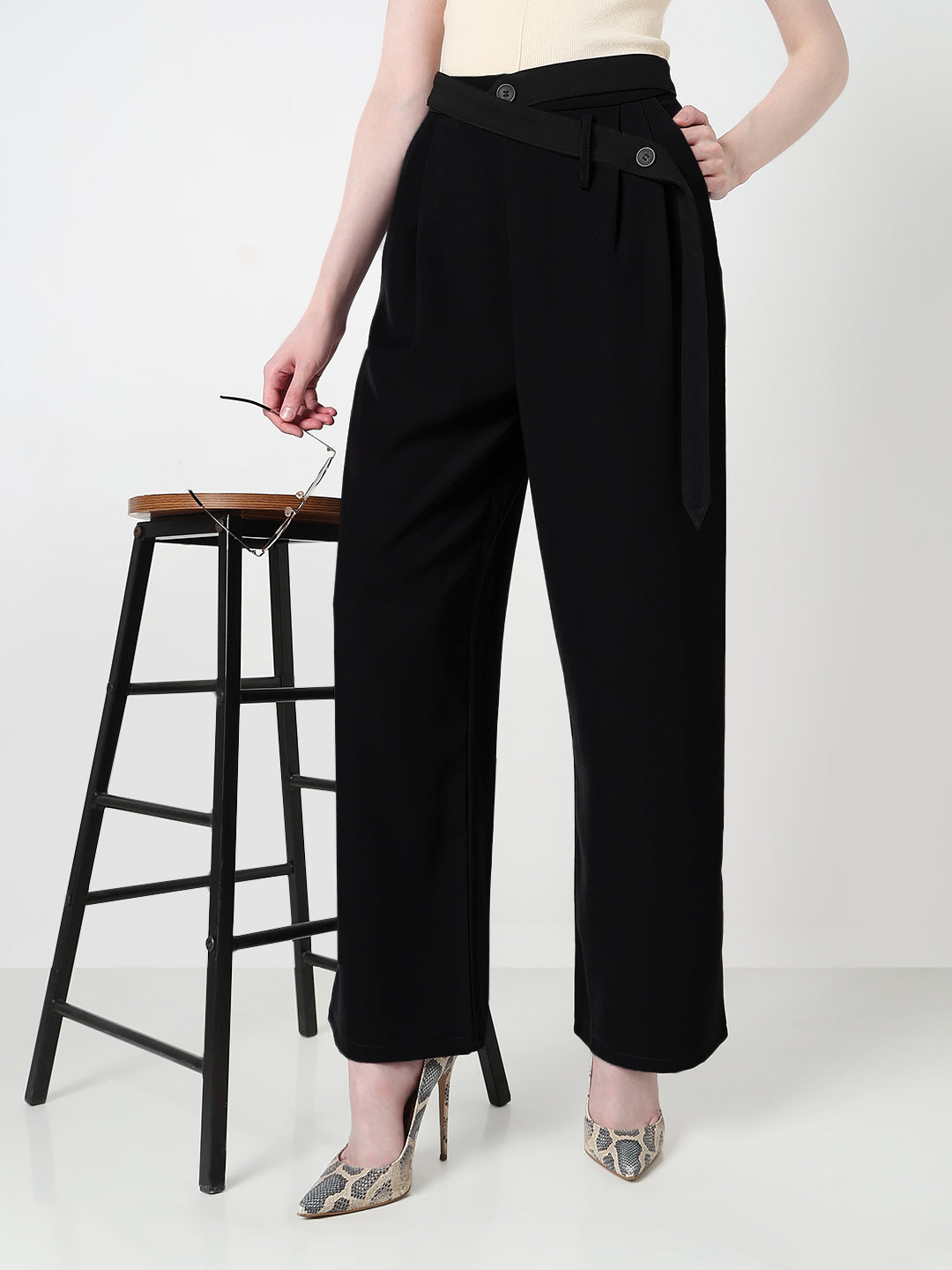 Women's Black Pleated Trousers with Attached Belt