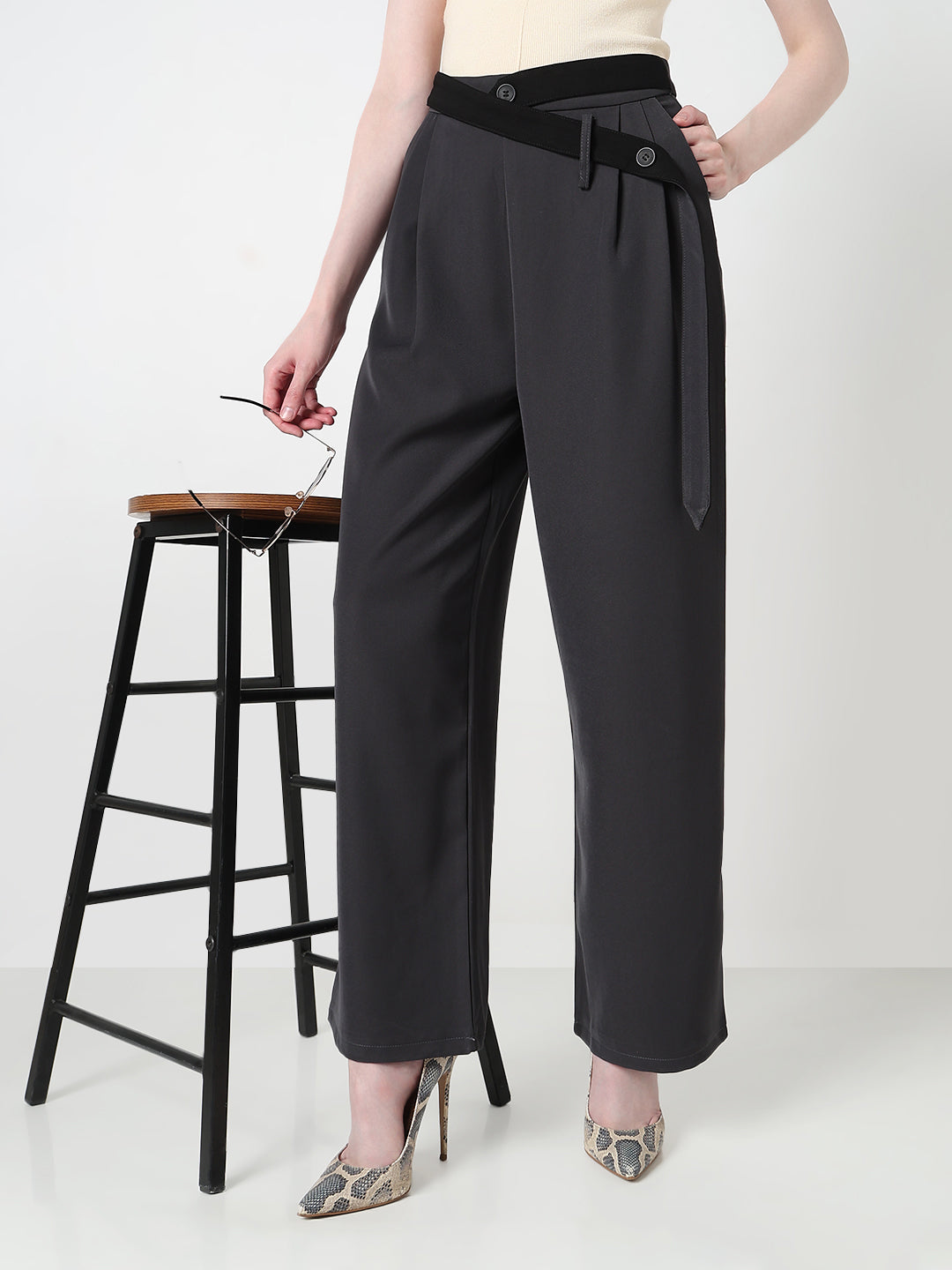 Women's Grey Pleated Trousers with Attached Belt