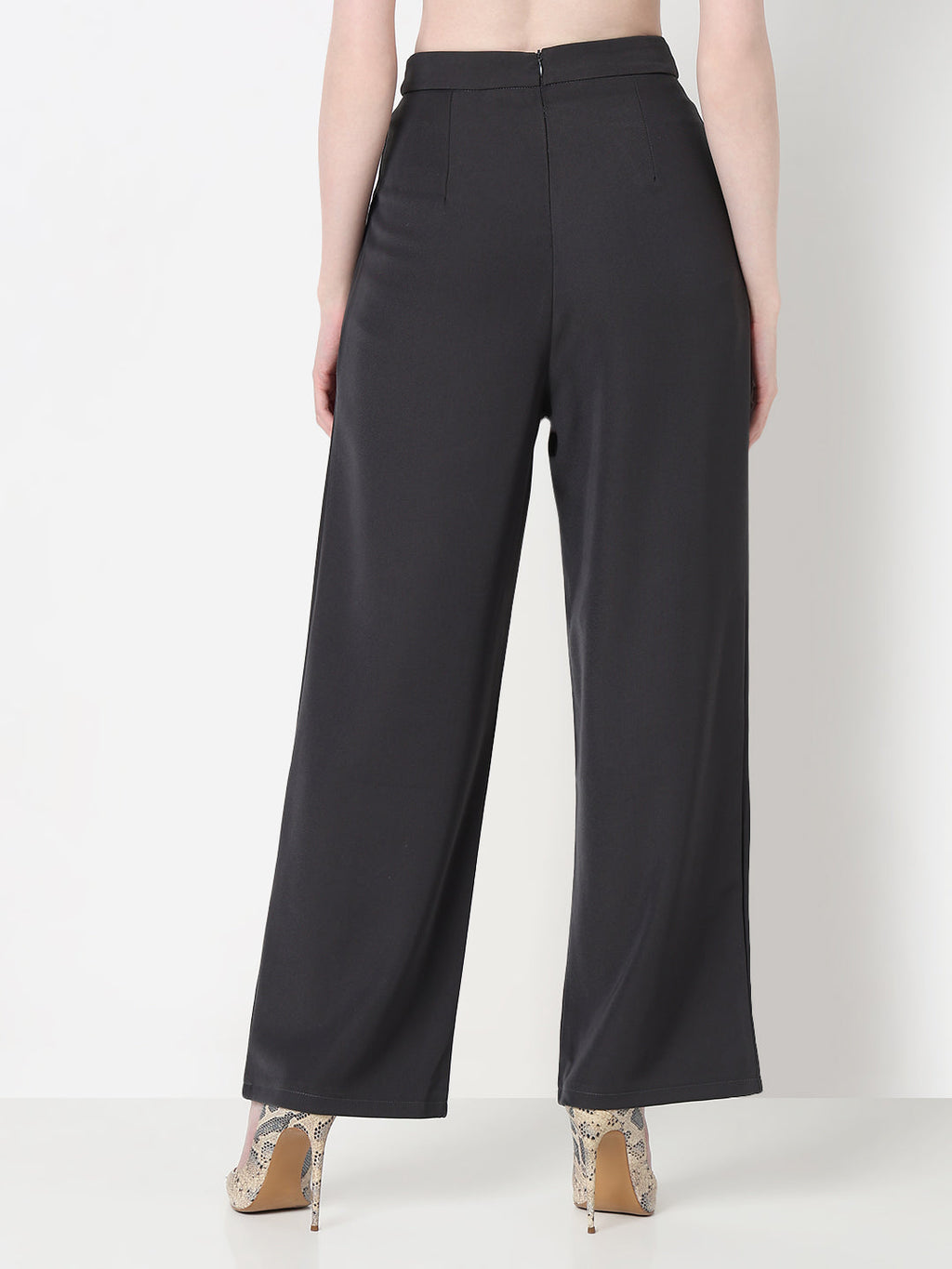 Women's Grey Pleated Trousers with Attached Belt