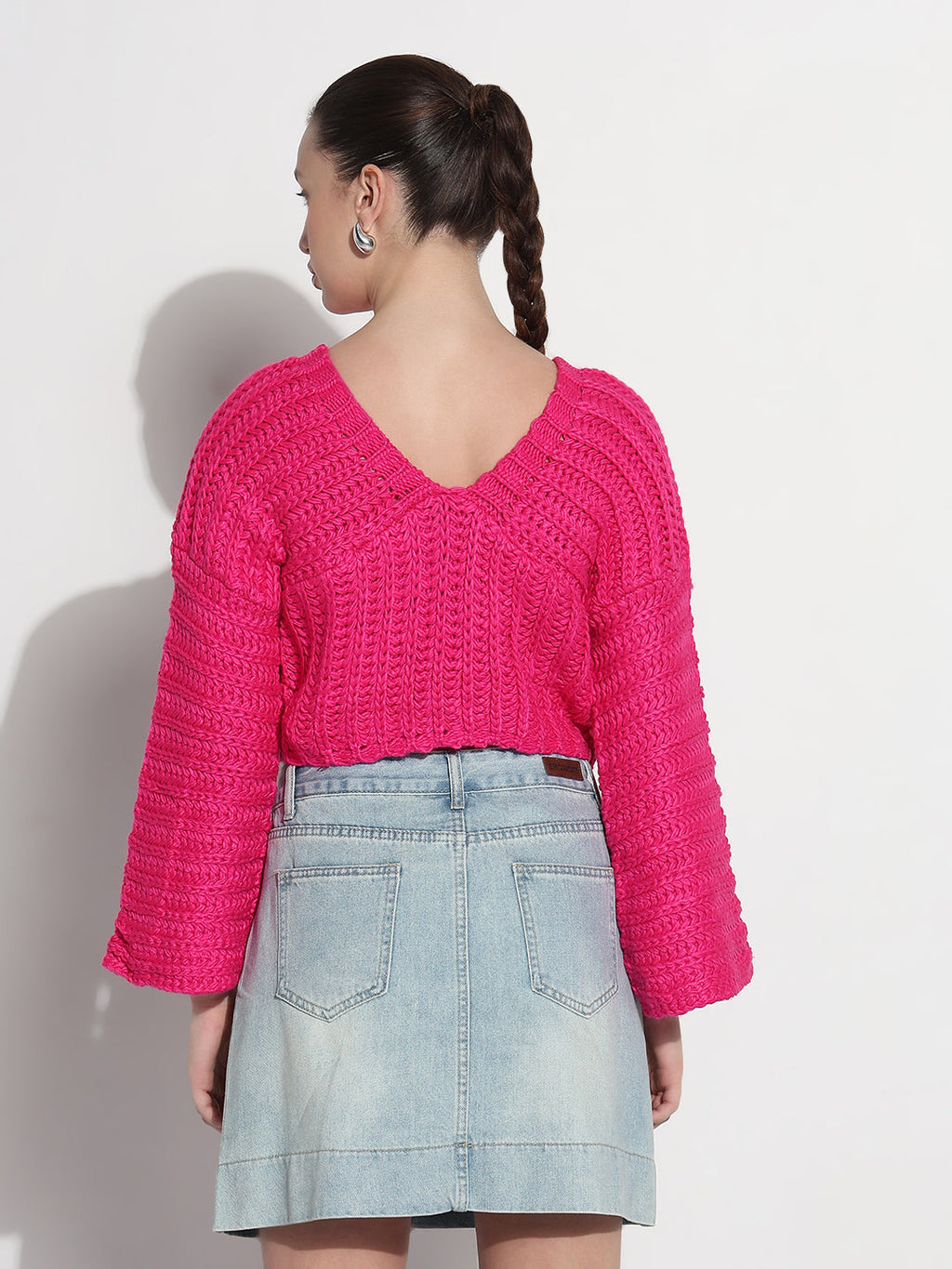 Women's Pink V-Neck Knitted Crop Top